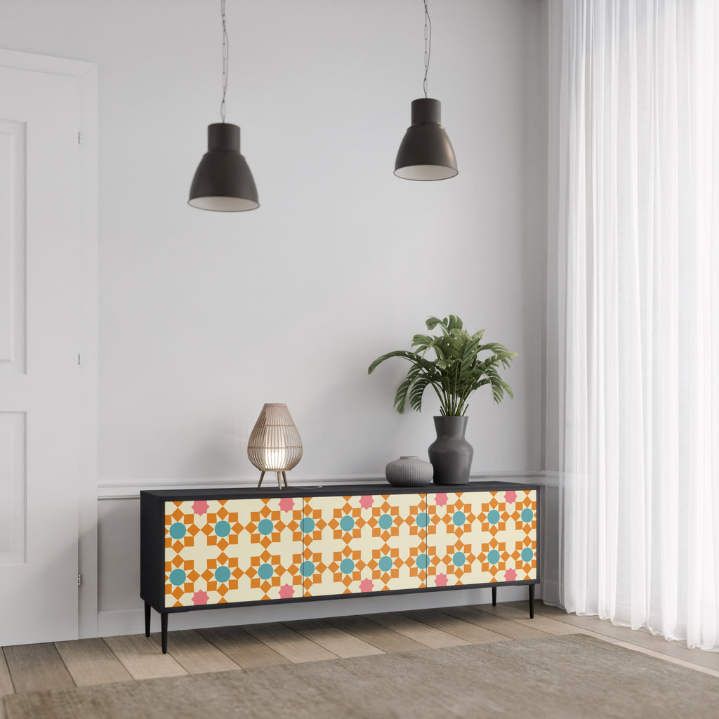 FLORAL DECOR 3-Door TV Stand in Black Finish