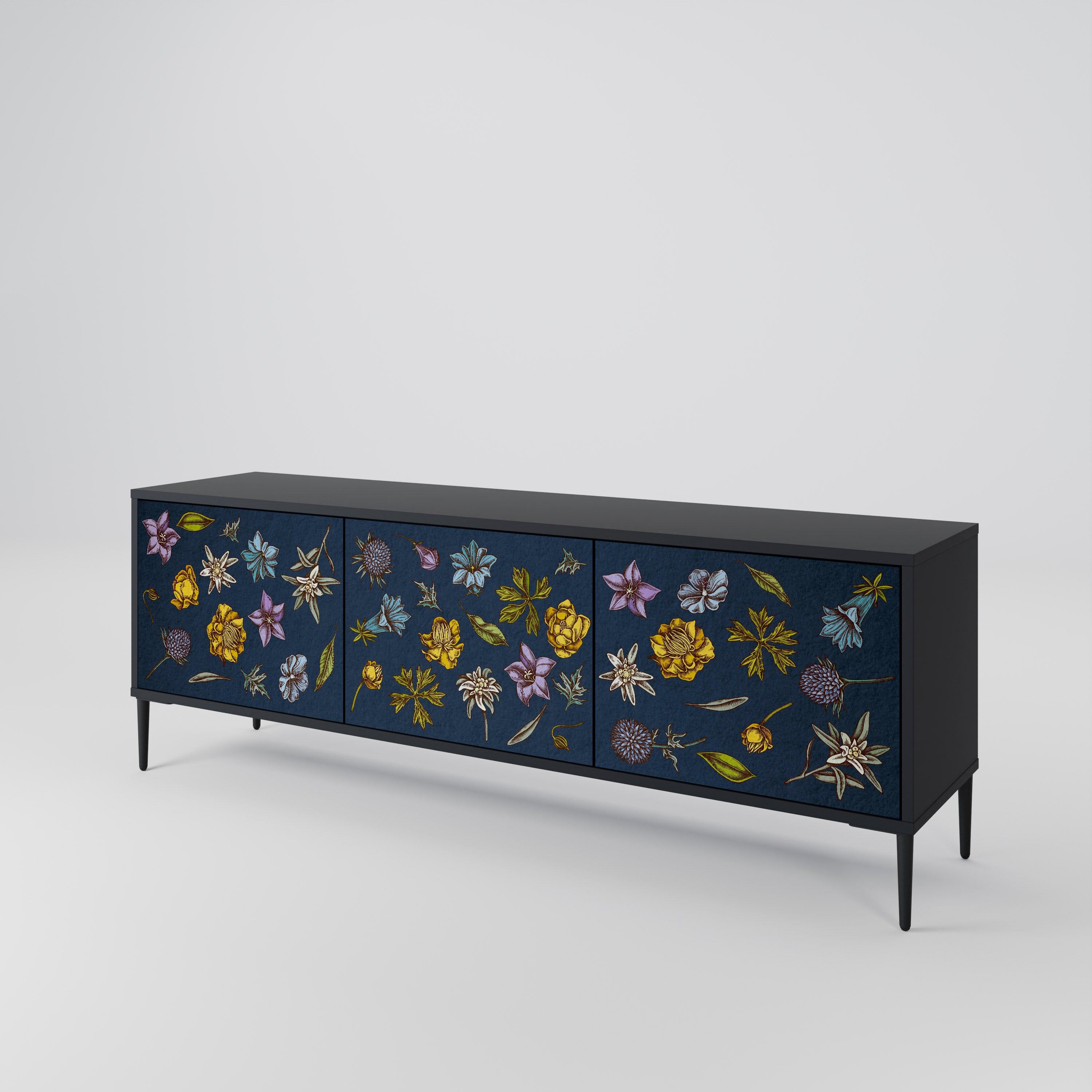FLOWERS ON NAVY BLUE 3-Door TV Cabinet
