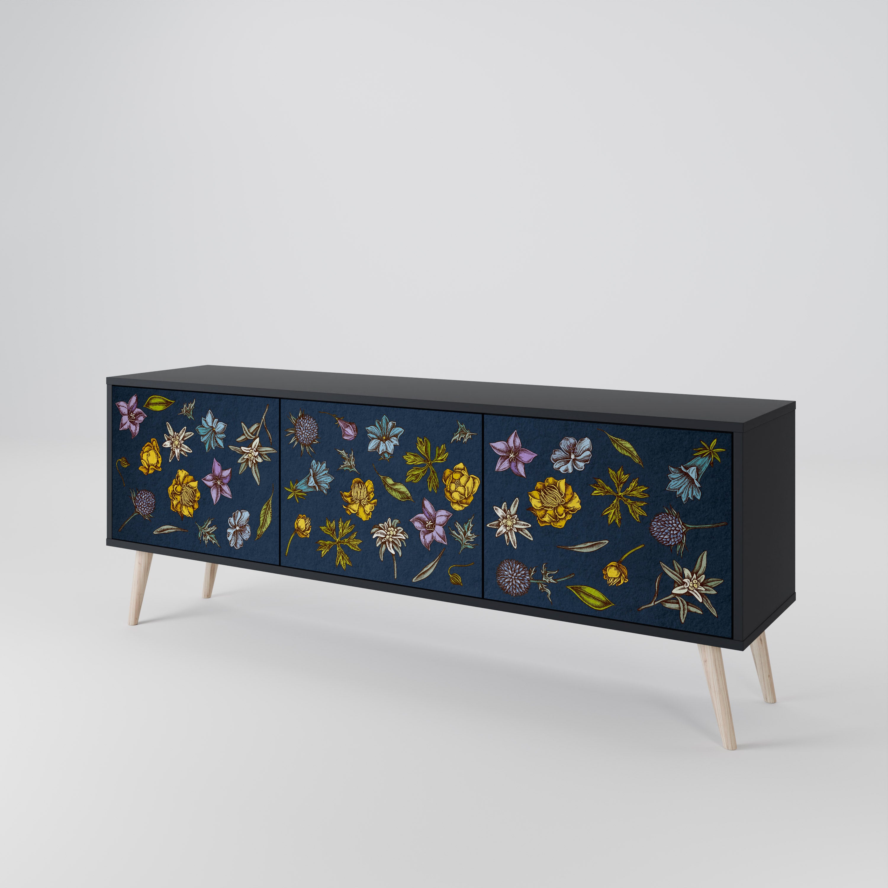 FLOWERS ON NAVY BLUE 3-Door TV Cabinet