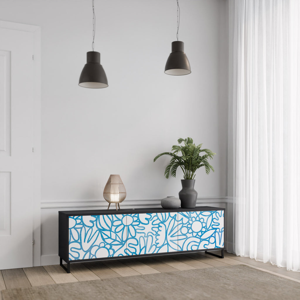 BLOOMY MORNING 3-Door TV Stand in Black Finish