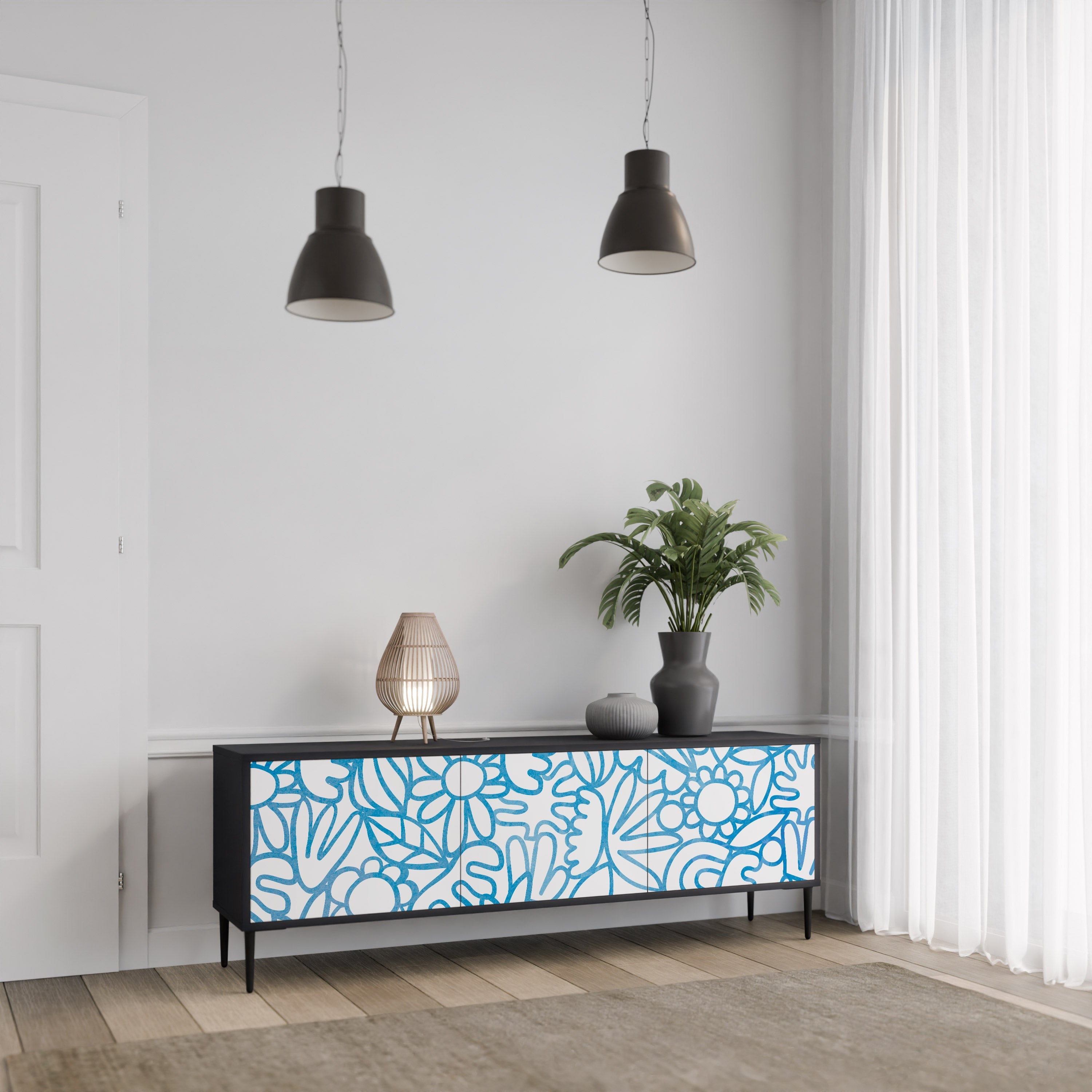 BLOOMY MORNING 3-Door TV Stand in Black Finish