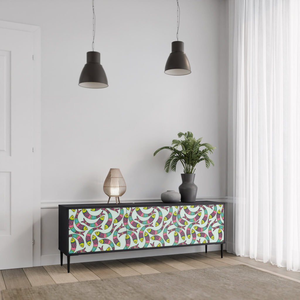 INDIAN FISH 3-Door TV Stand in Black Finish
