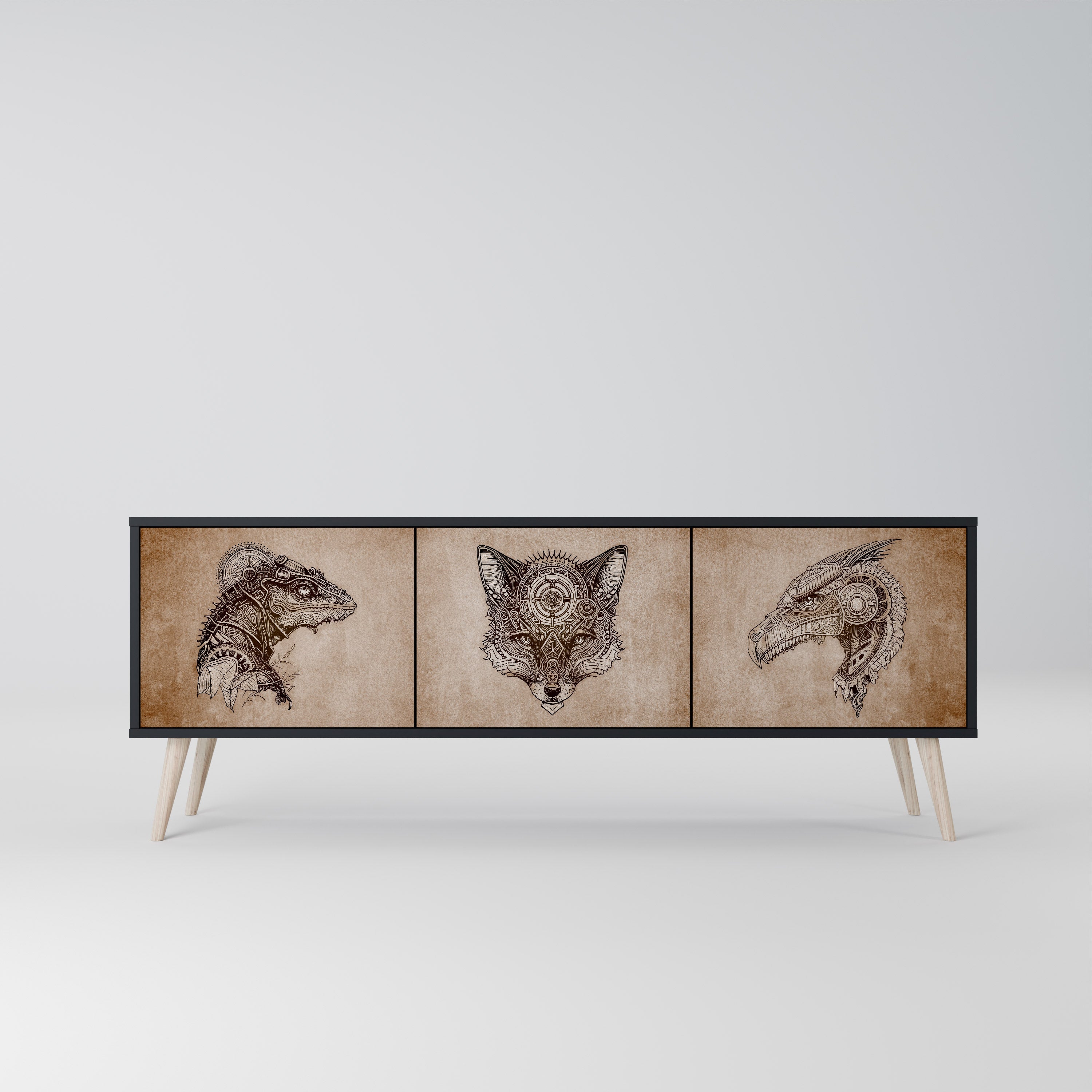 STEAMPUNK CLAN 3-Door TV Stand in Black Finish