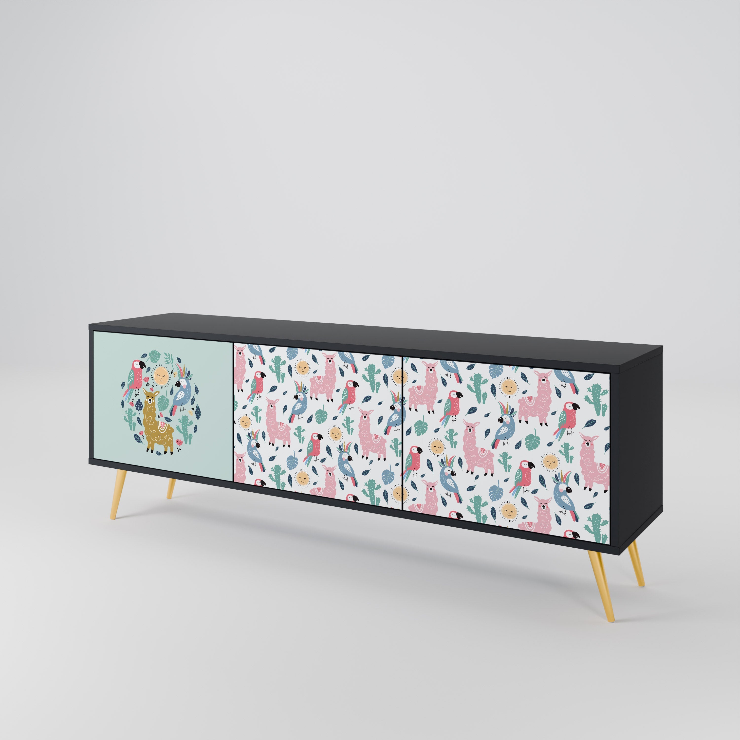 COLORFUL ALPACAS 3-Door TV Stand in Black Finish