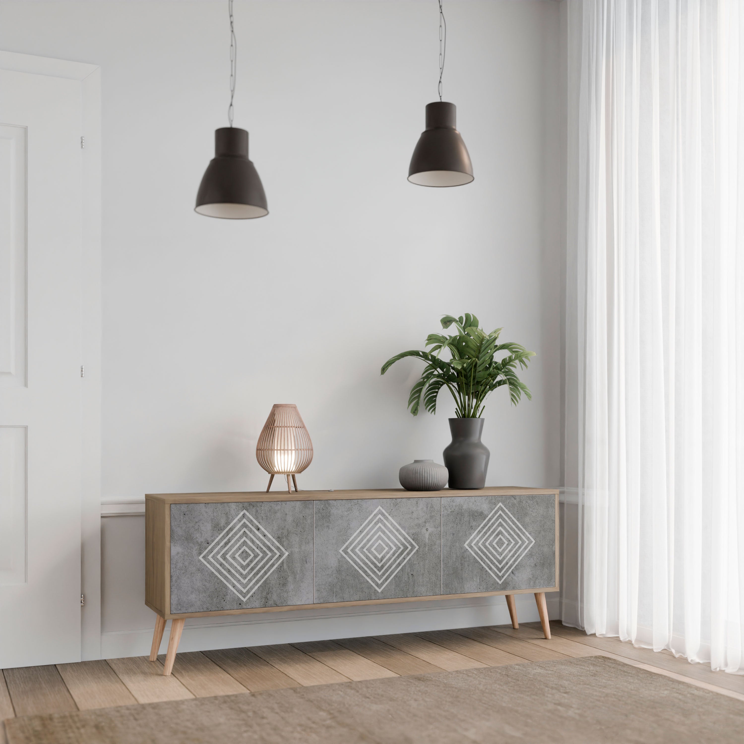 Βάση τηλεόρασης POLYGONAL ARTISTRY με 3 πόρτες σε εφέ δρυός