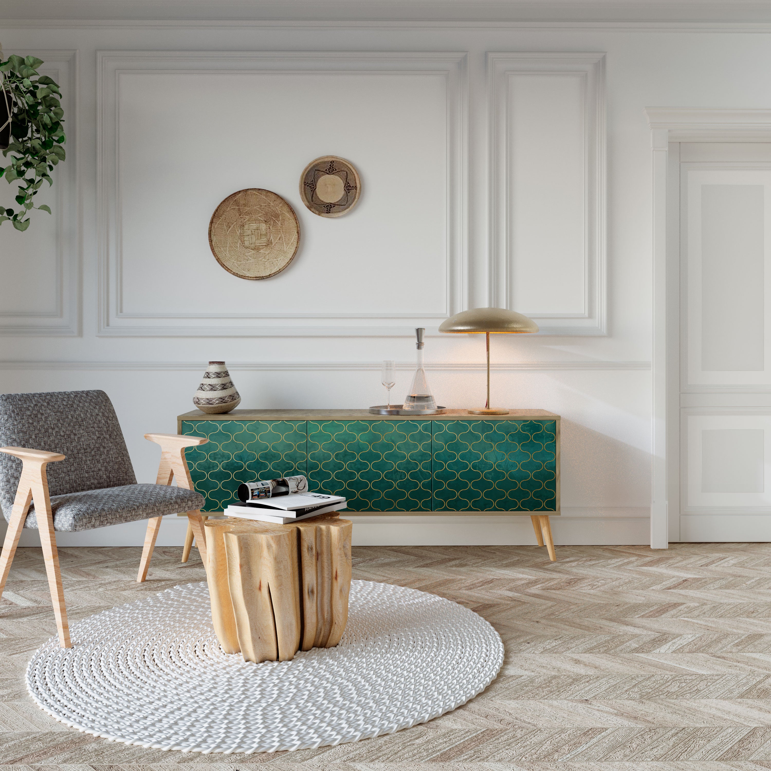 Τρίθυρη βάση τηλεόρασης TESSELATED GREENERY σε όψη δρυός