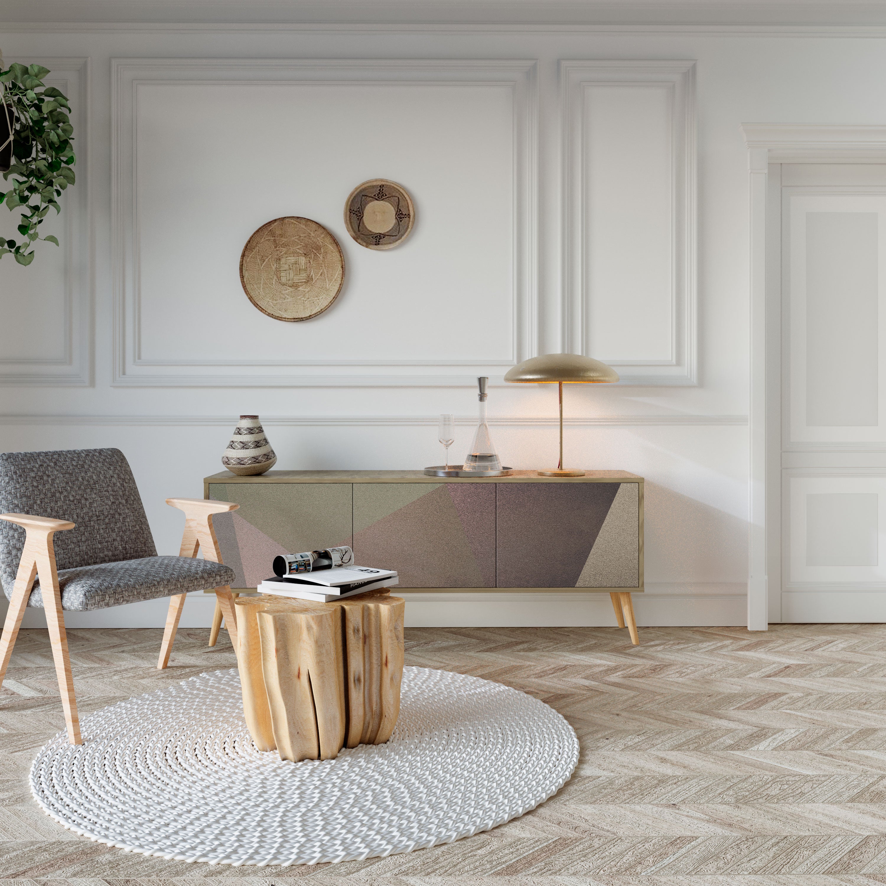 Βάση τηλεόρασης 3 θυρών BEIGE GEOMETRIA σε όψη δρυός