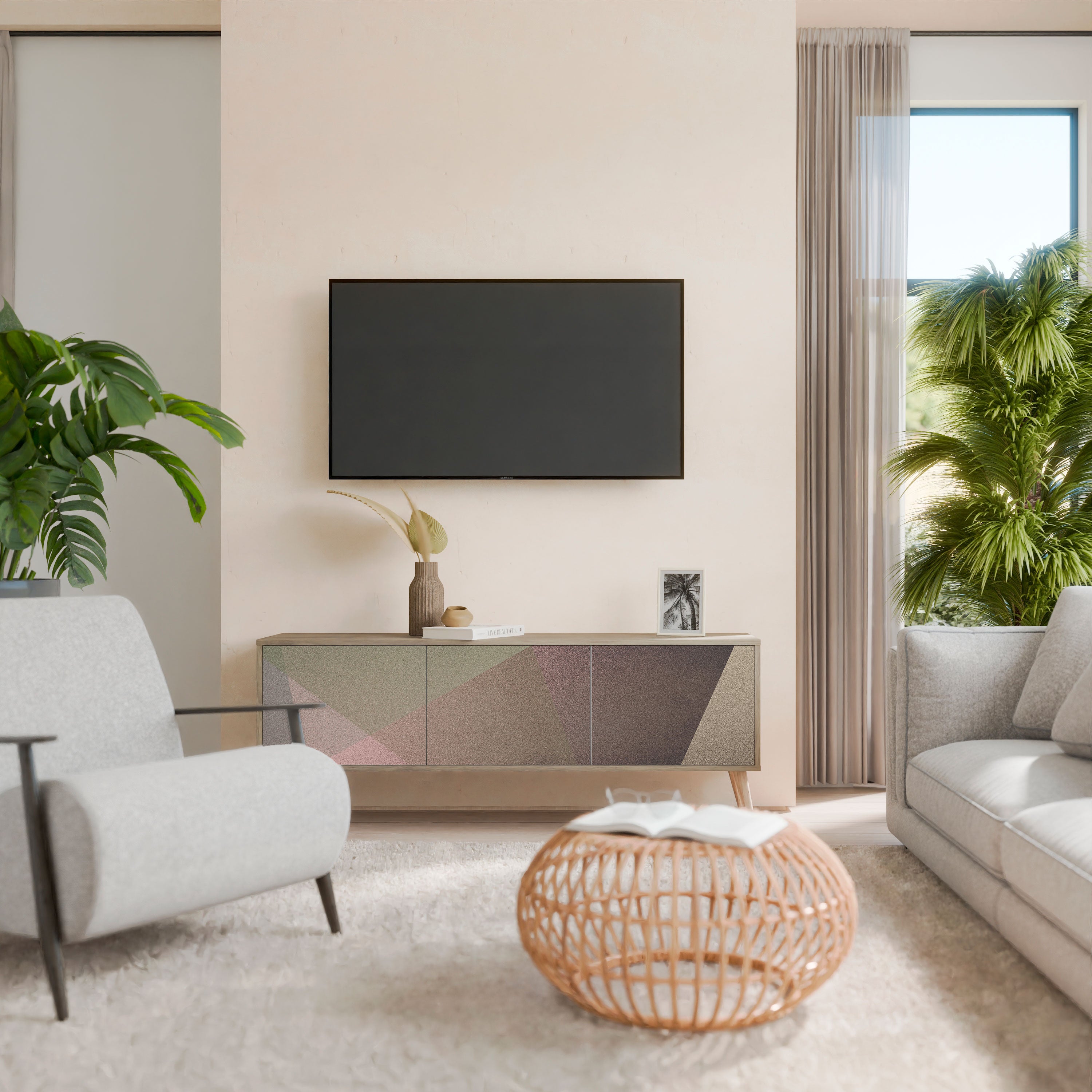 Βάση τηλεόρασης 3 θυρών BEIGE GEOMETRIA σε όψη δρυός