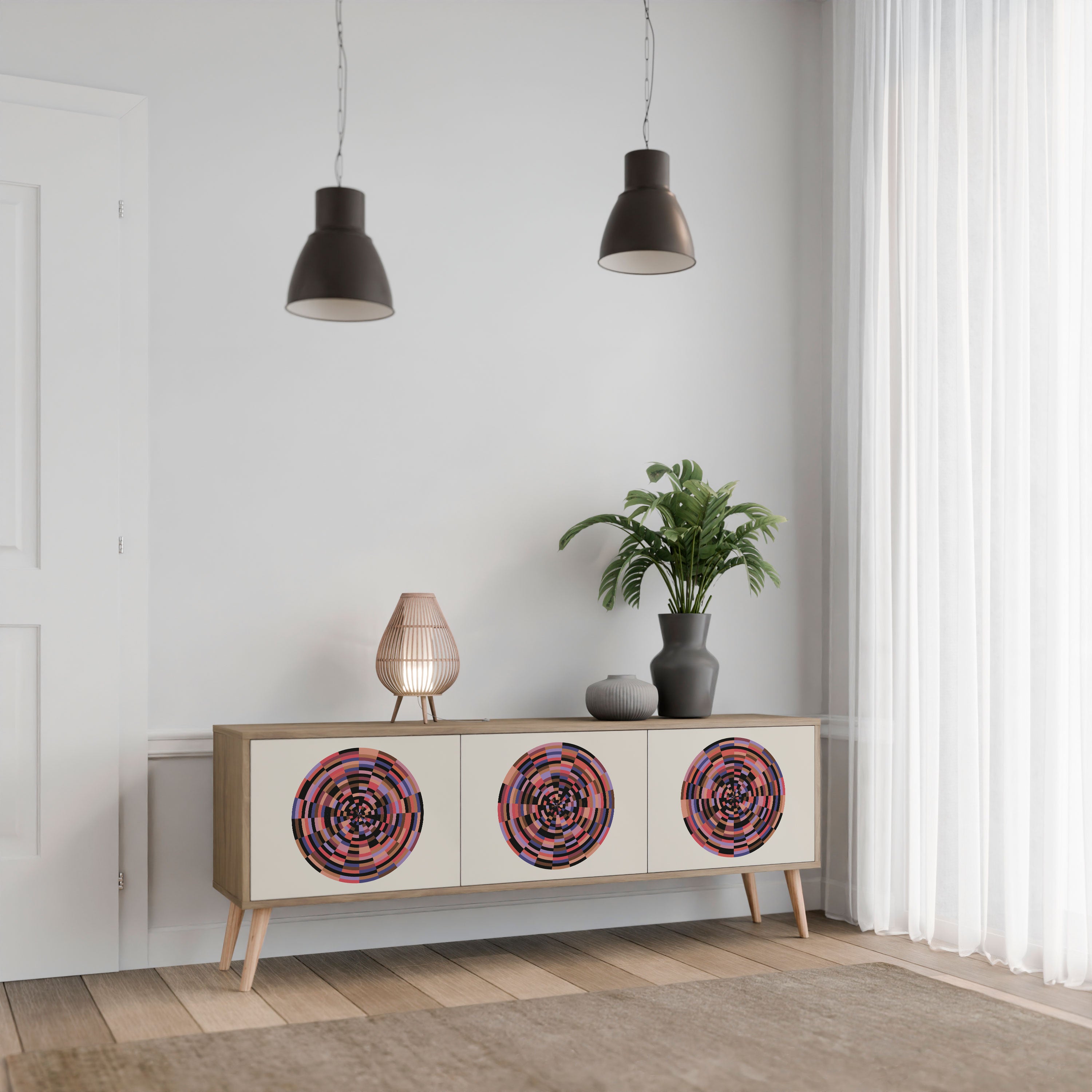Βάση τηλεόρασης BROWN CIRCLES με 3 πόρτες σε εφέ δρυός