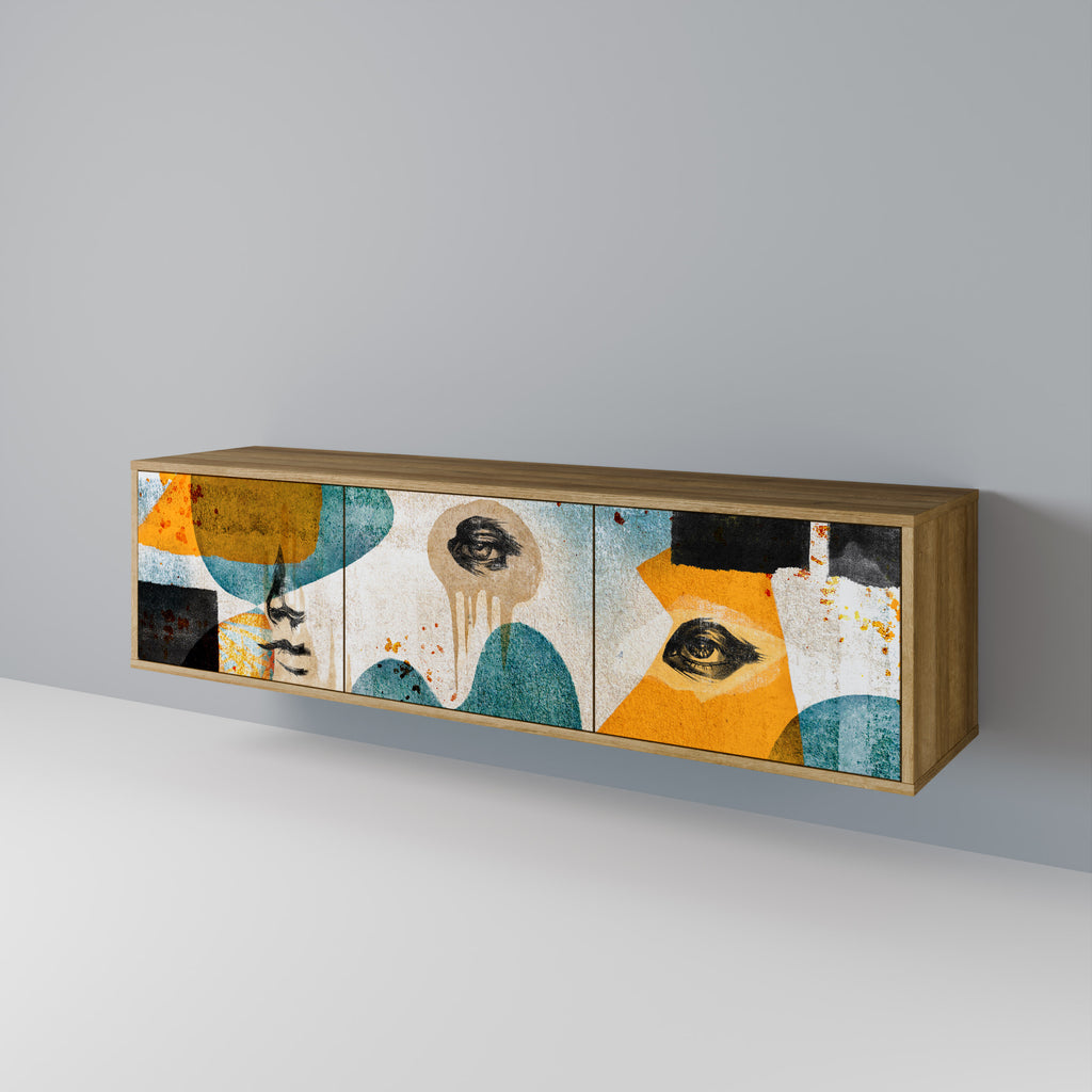 Βάση τηλεόρασης ABSTRACT FACES με 3 πόρτες σε εφέ δρυός