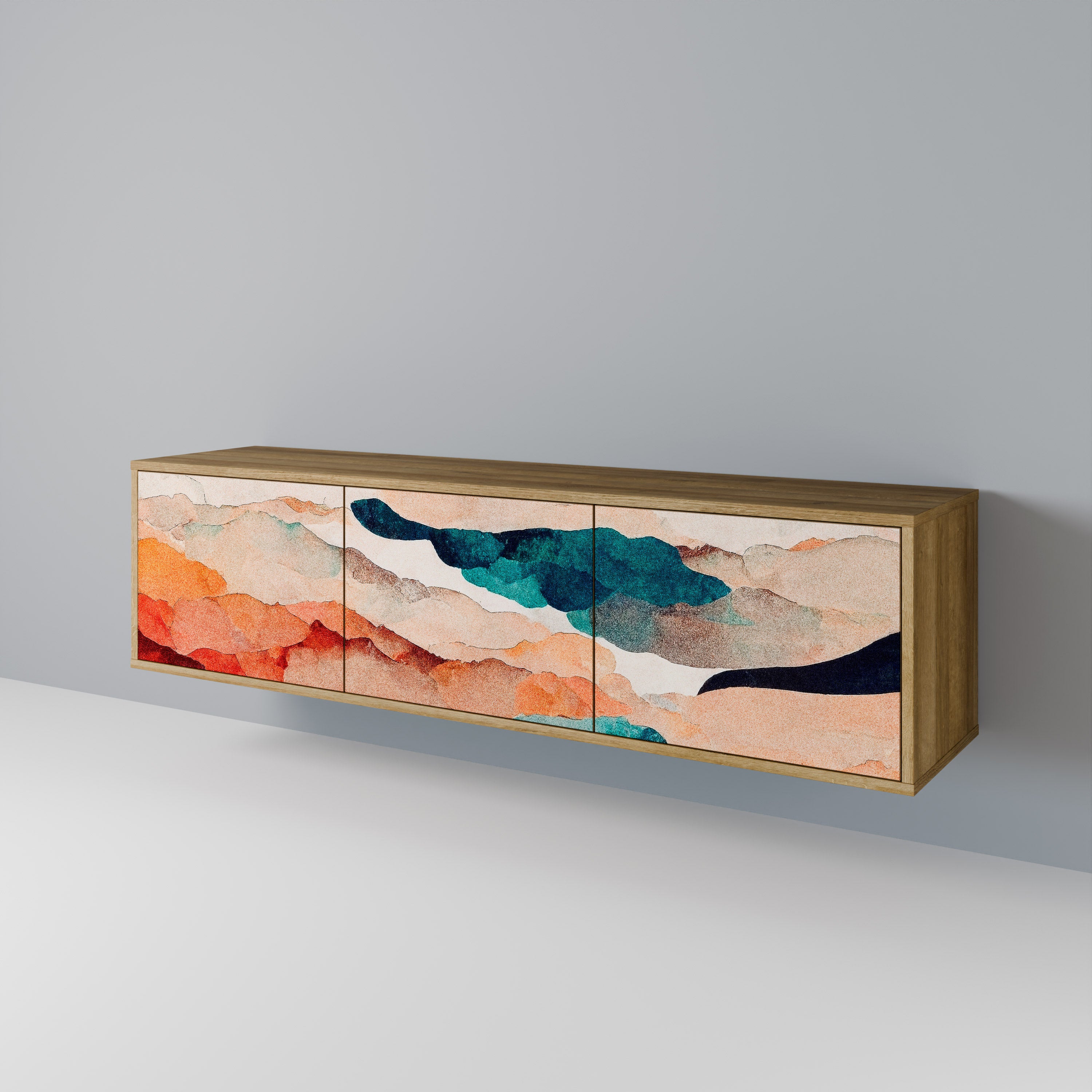 Βάση τηλεόρασης ABSTRACT LANDSCAPE με 3 πόρτες σε εφέ δρυός