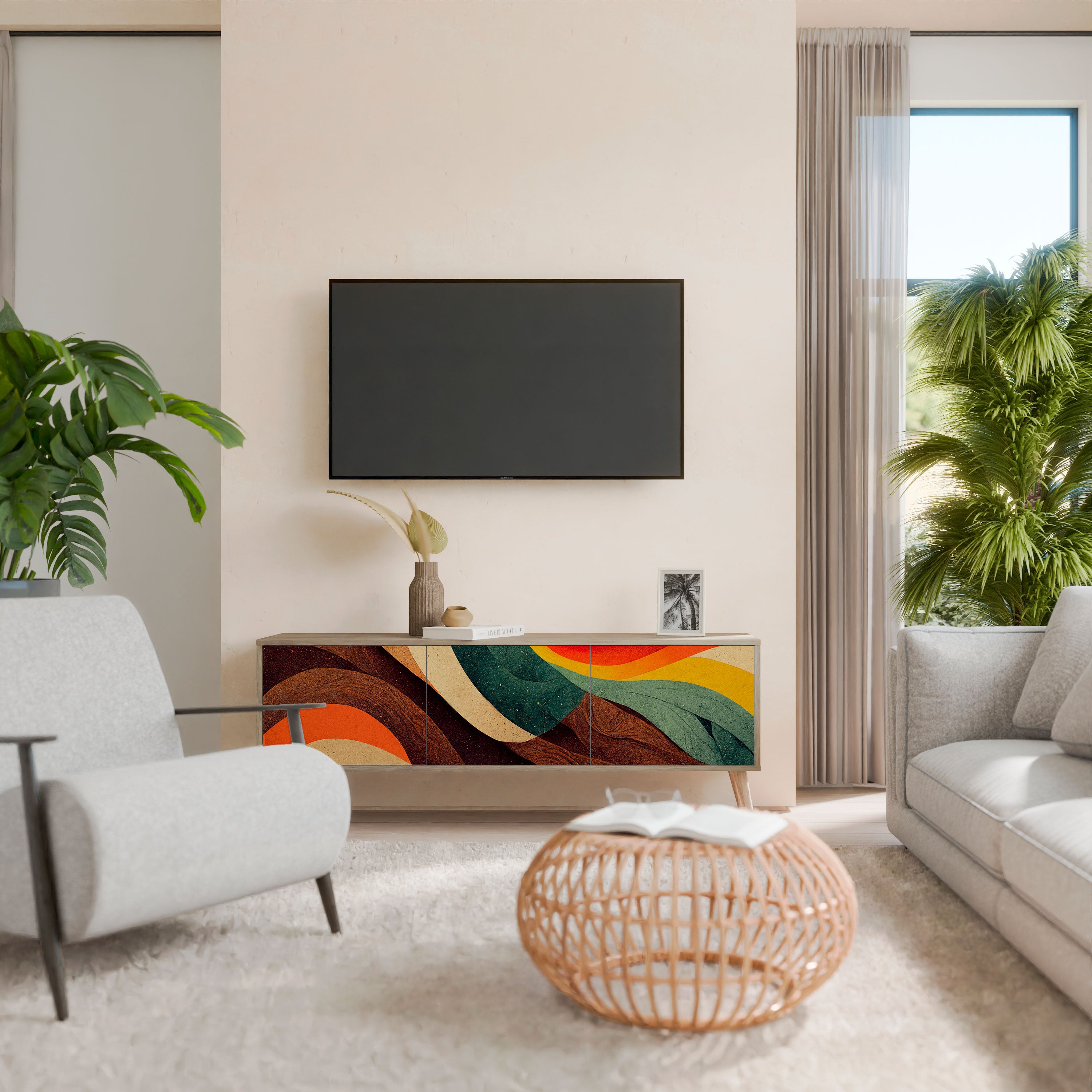 Βάση τηλεόρασης COLORFUL STRANDS με 3 πόρτες σε εφέ δρυός
