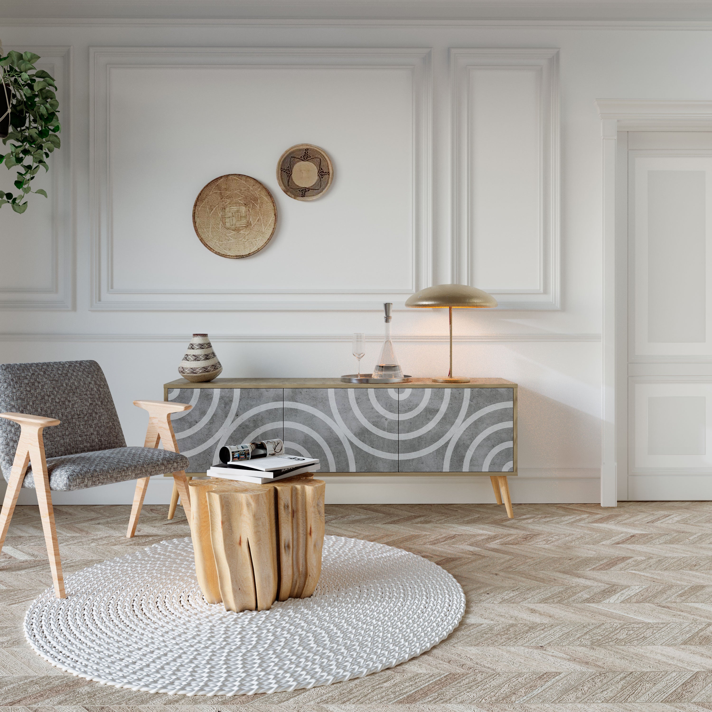 Βάση τηλεόρασης CIRCLE CONCRETE με 3 πόρτες σε όψη δρυός
