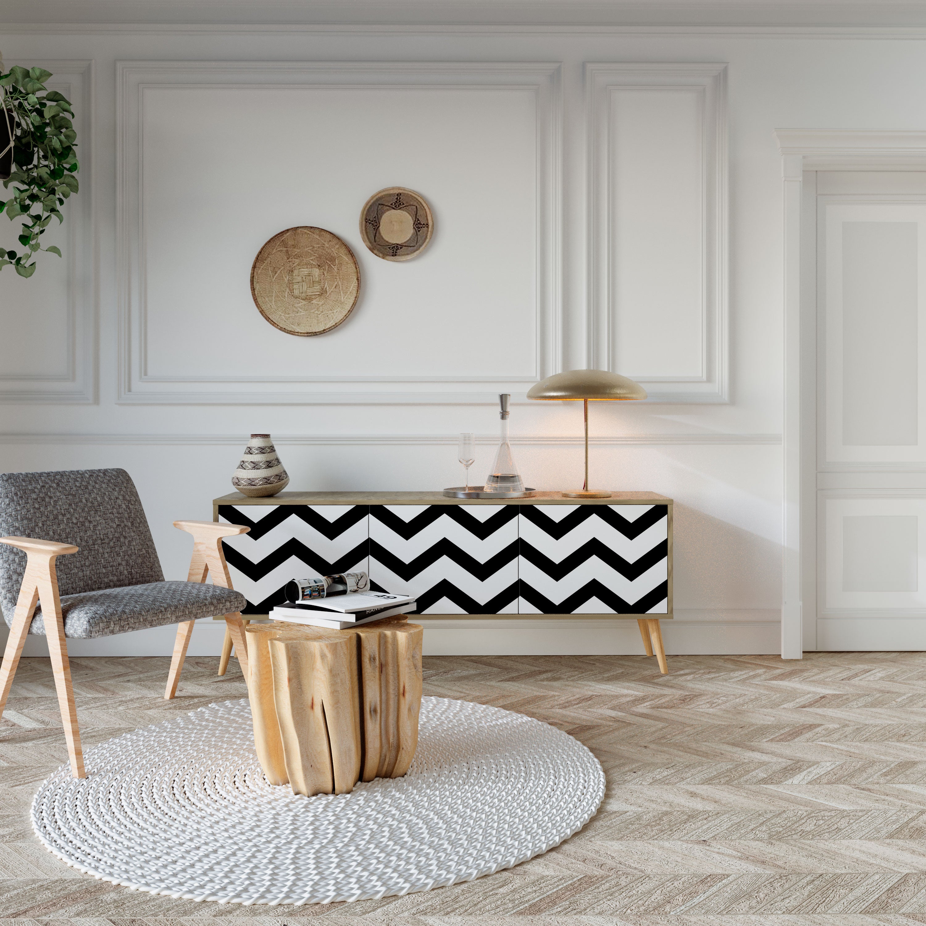 Κλασική βάση τηλεόρασης ZIG ZAG με 3 πόρτες σε εφέ δρυός