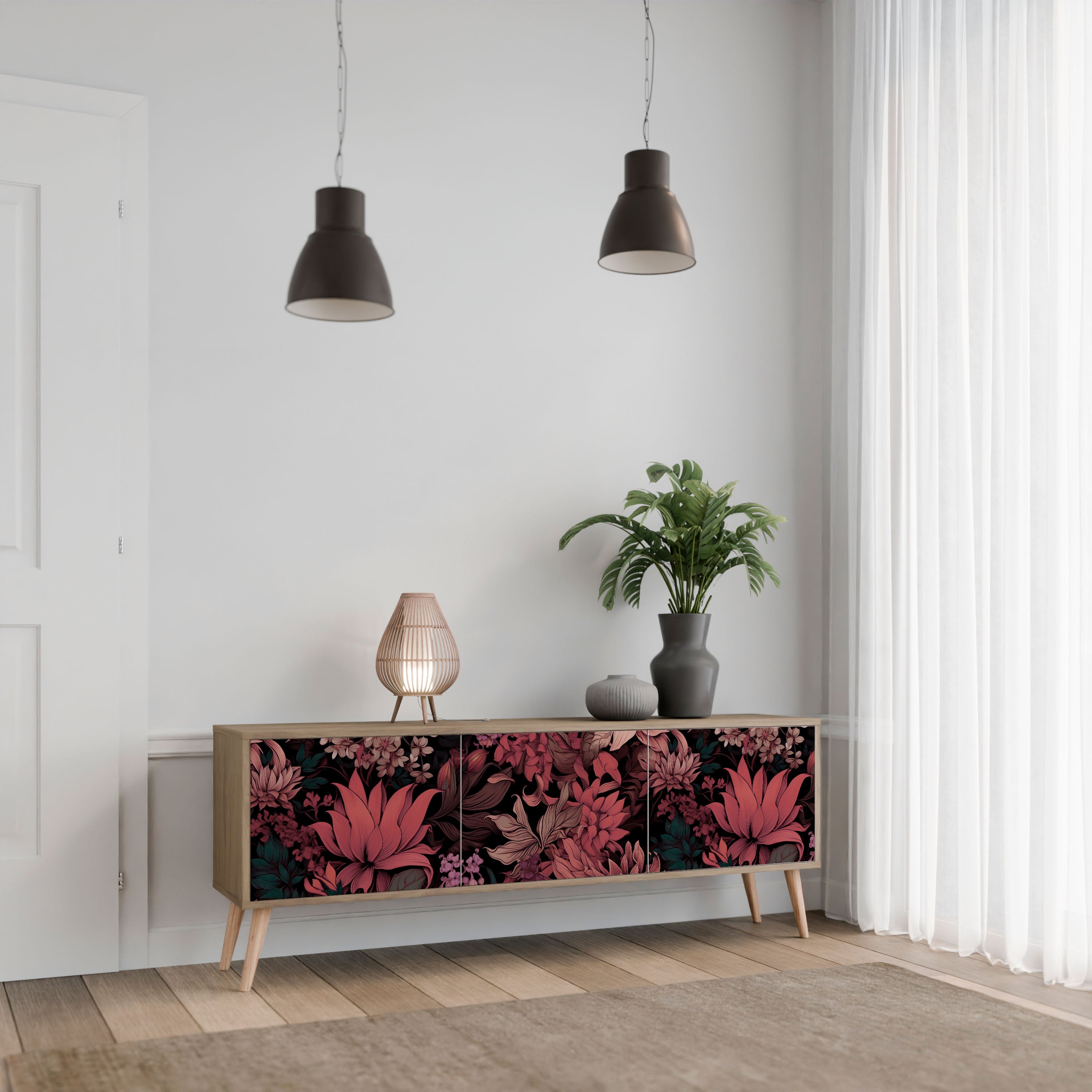Βάση τηλεόρασης FLORAL WHISPER με 3 πόρτες σε όψη δρυός