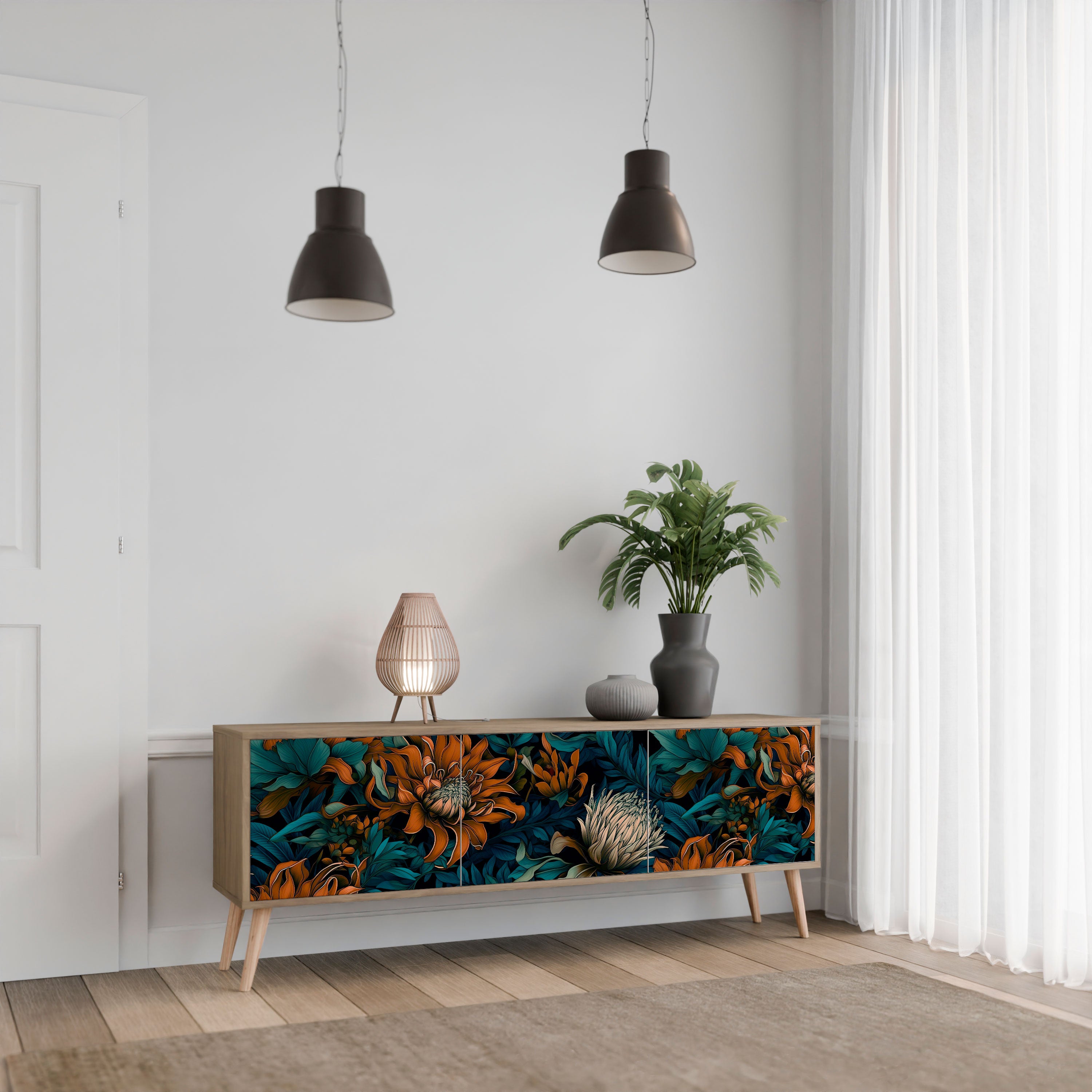 Βάση τηλεόρασης MORNING BLOOM με 3 πόρτες σε όψη δρυός