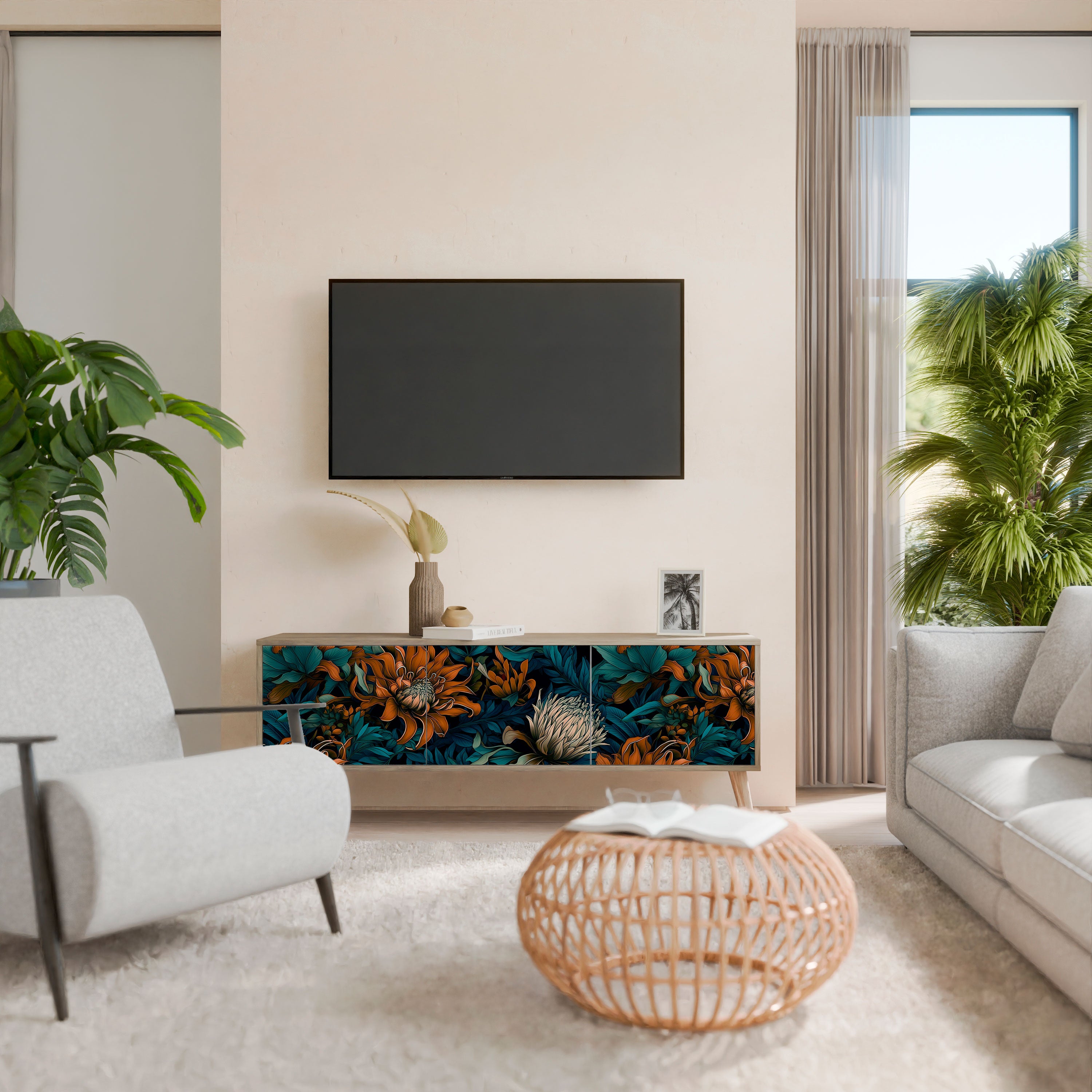 Βάση τηλεόρασης MORNING BLOOM με 3 πόρτες σε όψη δρυός