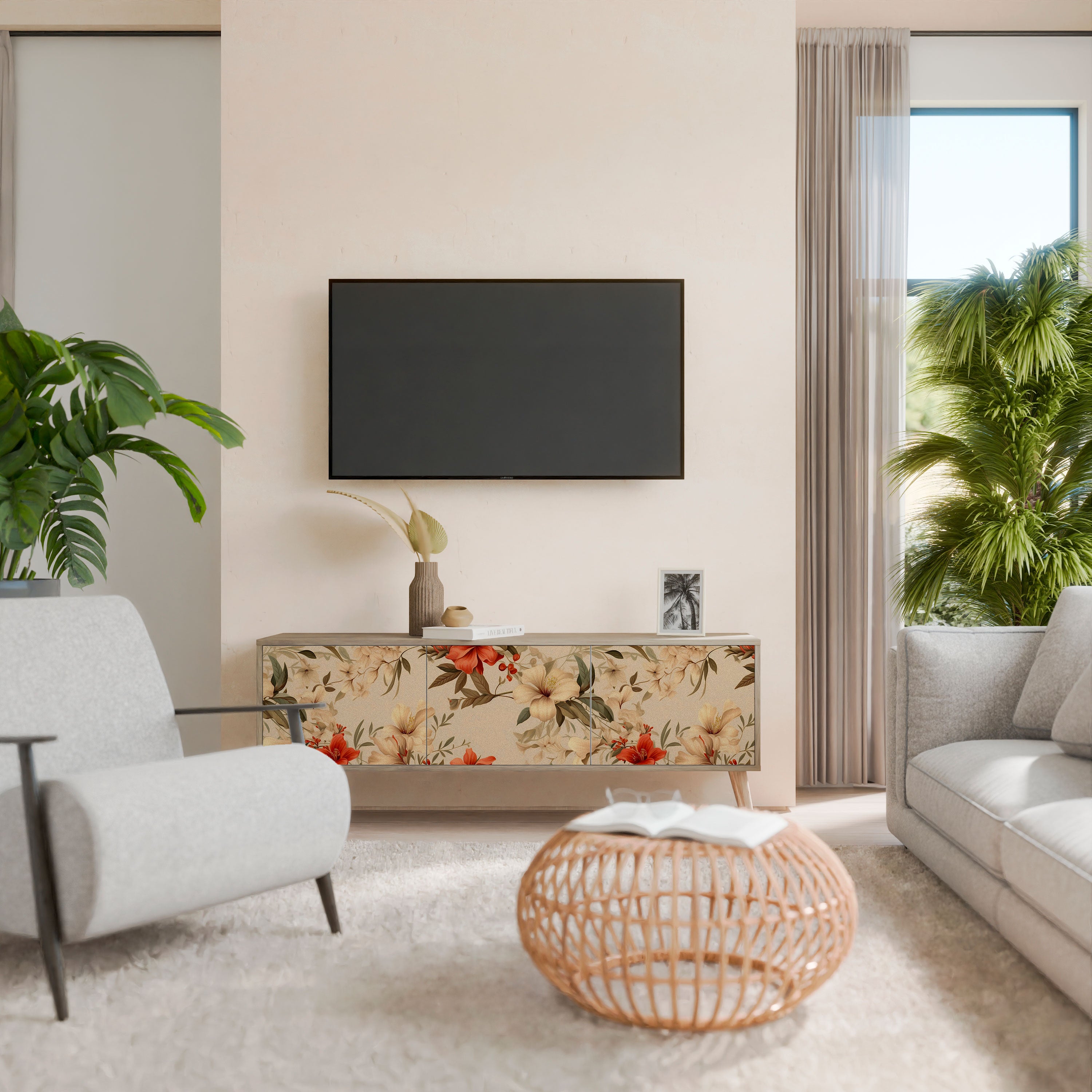 Βάση τηλεόρασης BLOOMING HARMONY με 3 πόρτες σε χρώμα δρυός