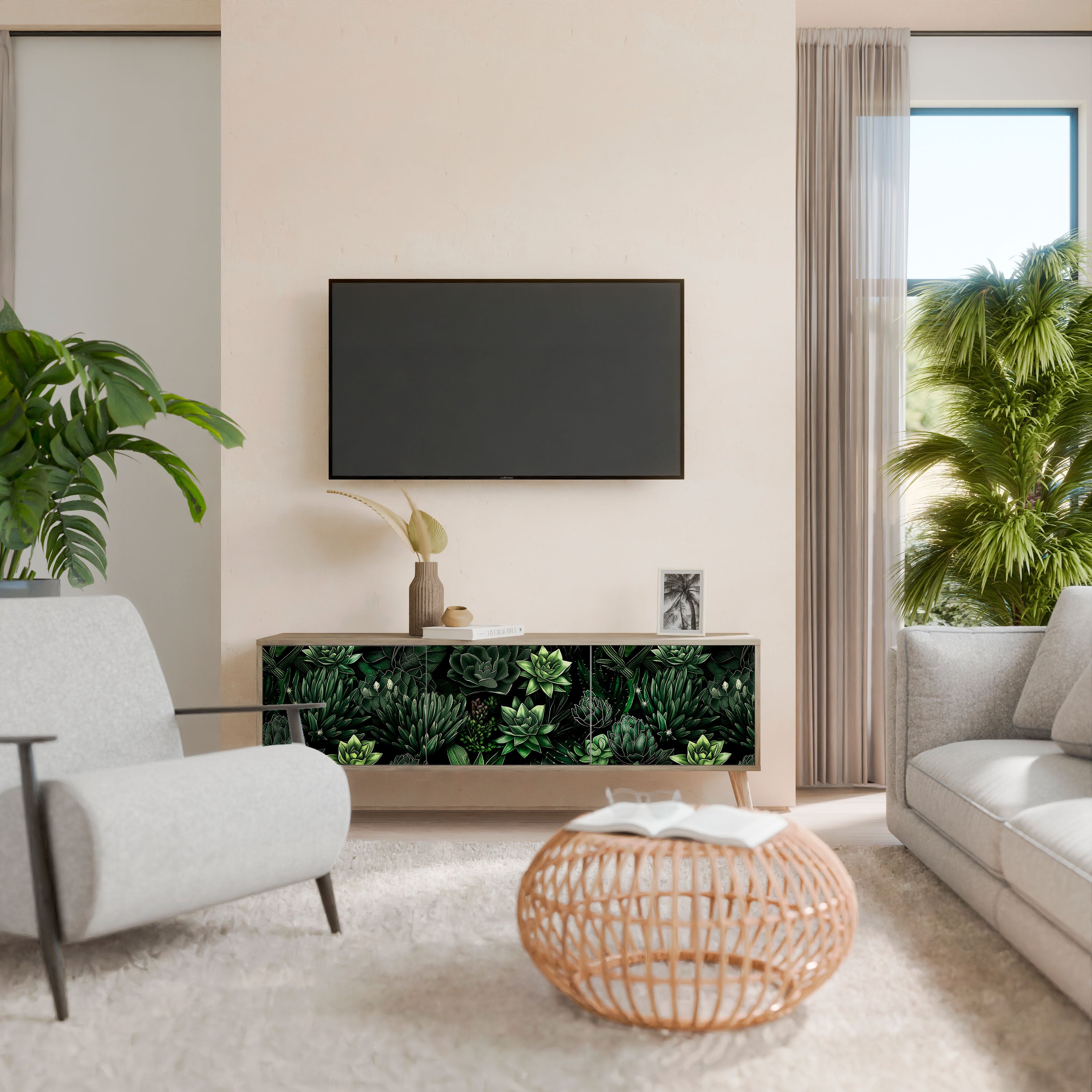Βάση τηλεόρασης SUCCULENT JUNGLE με 3 πόρτες σε όψη δρυός