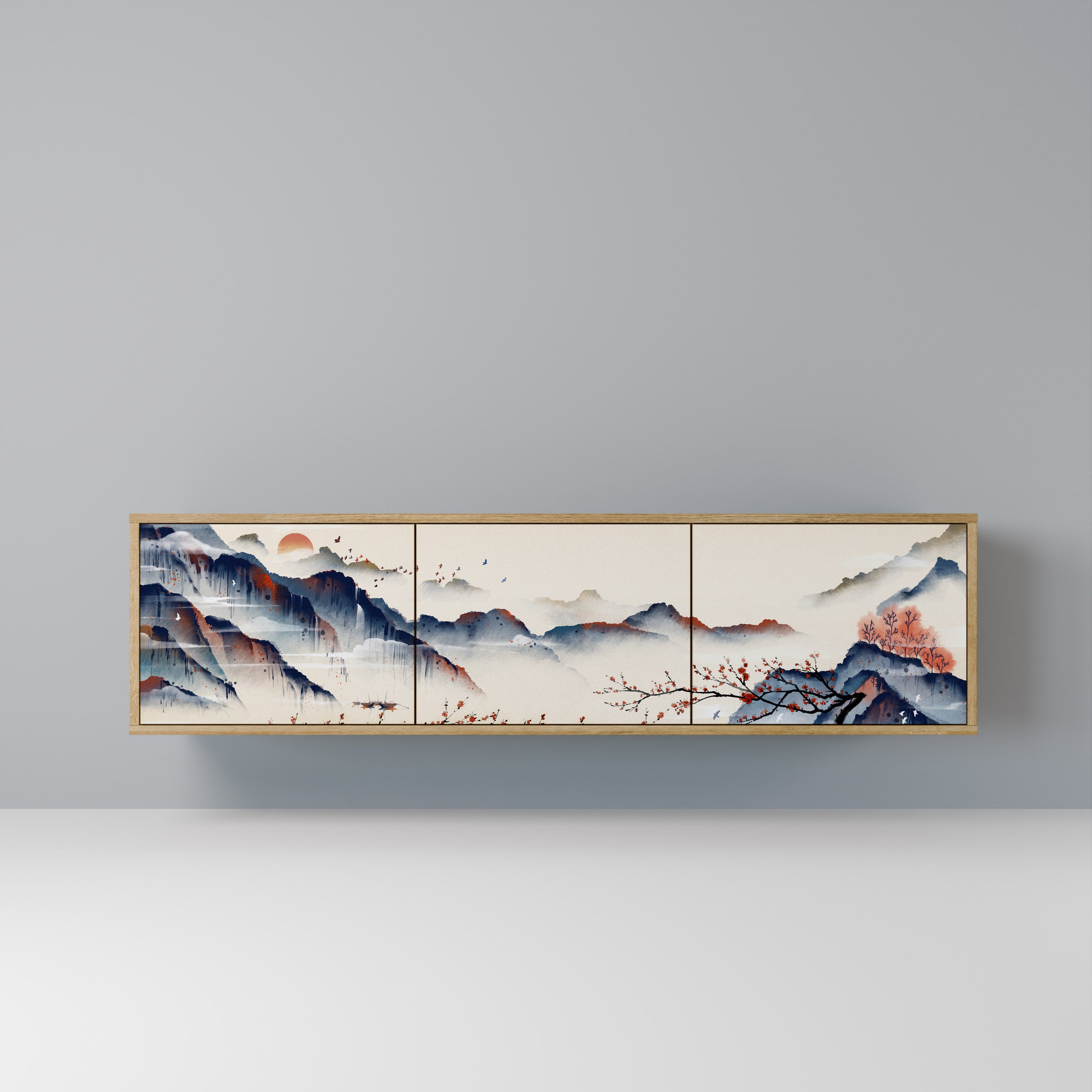 Τρίθυρη βάση τηλεόρασης JAPANESE LANDSCAPE σε εφέ δρυός