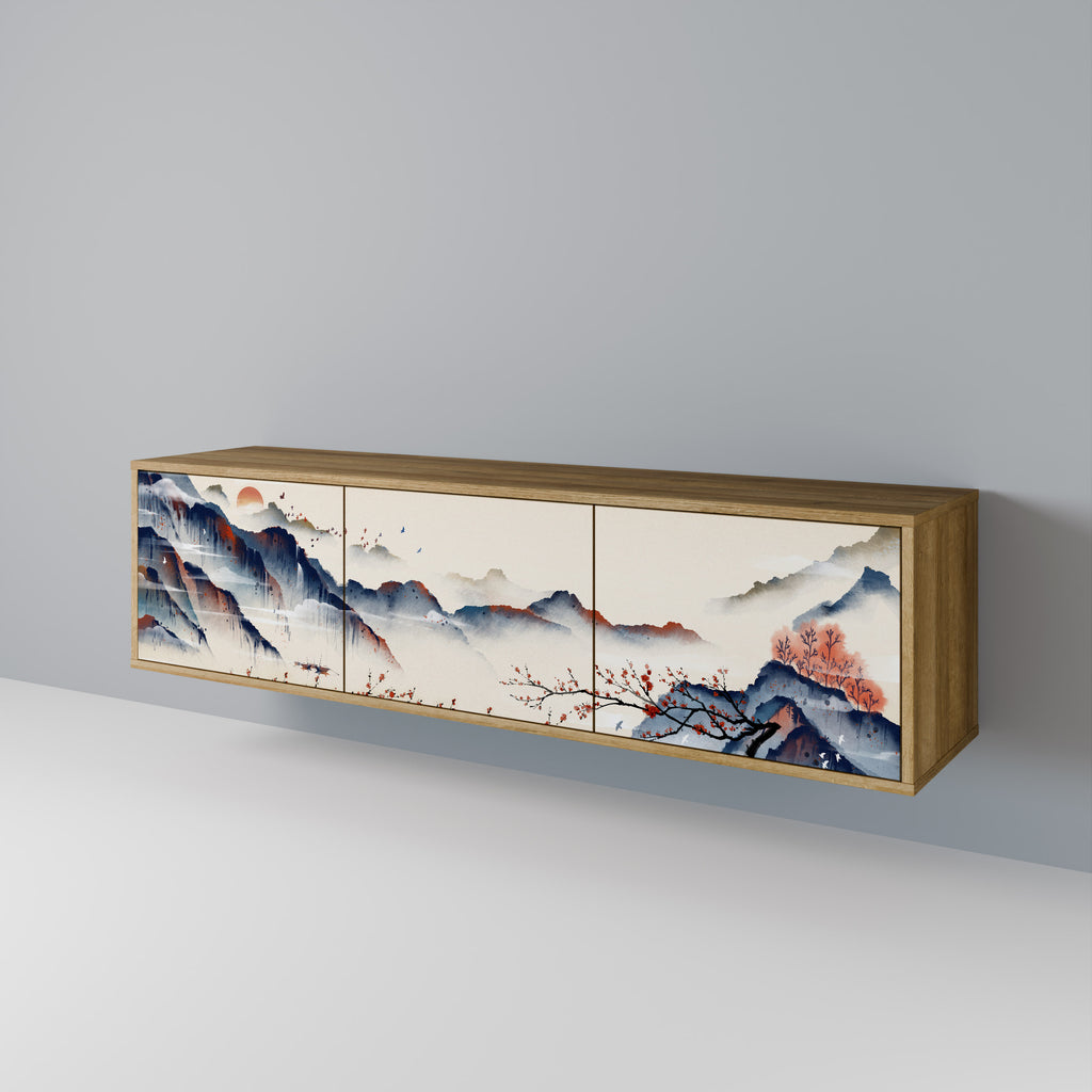 Τρίθυρη βάση τηλεόρασης JAPANESE LANDSCAPE σε εφέ δρυός