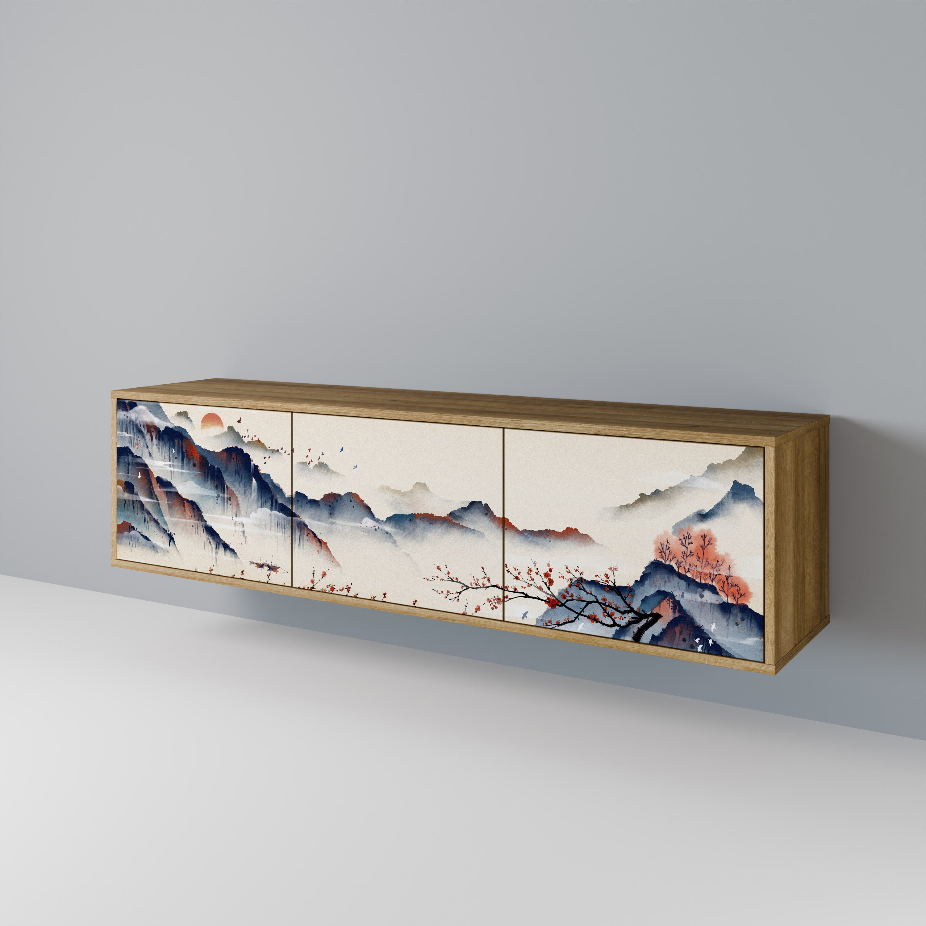 Τρίθυρη βάση τηλεόρασης JAPANESE LANDSCAPE σε εφέ δρυός