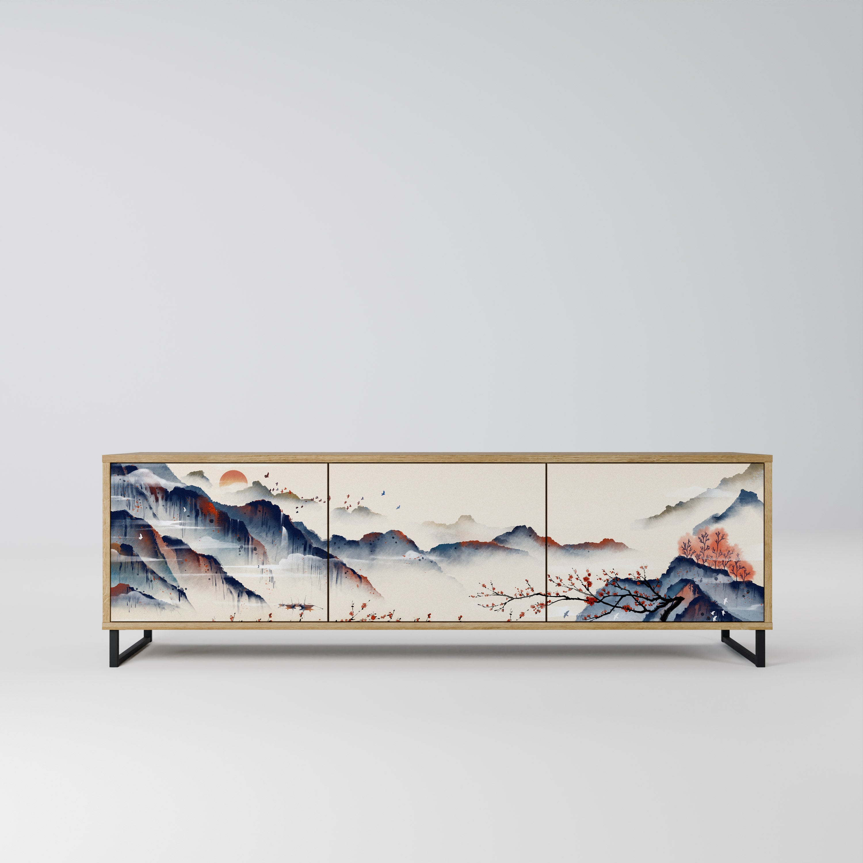 Τρίθυρη βάση τηλεόρασης JAPANESE LANDSCAPE σε εφέ δρυός