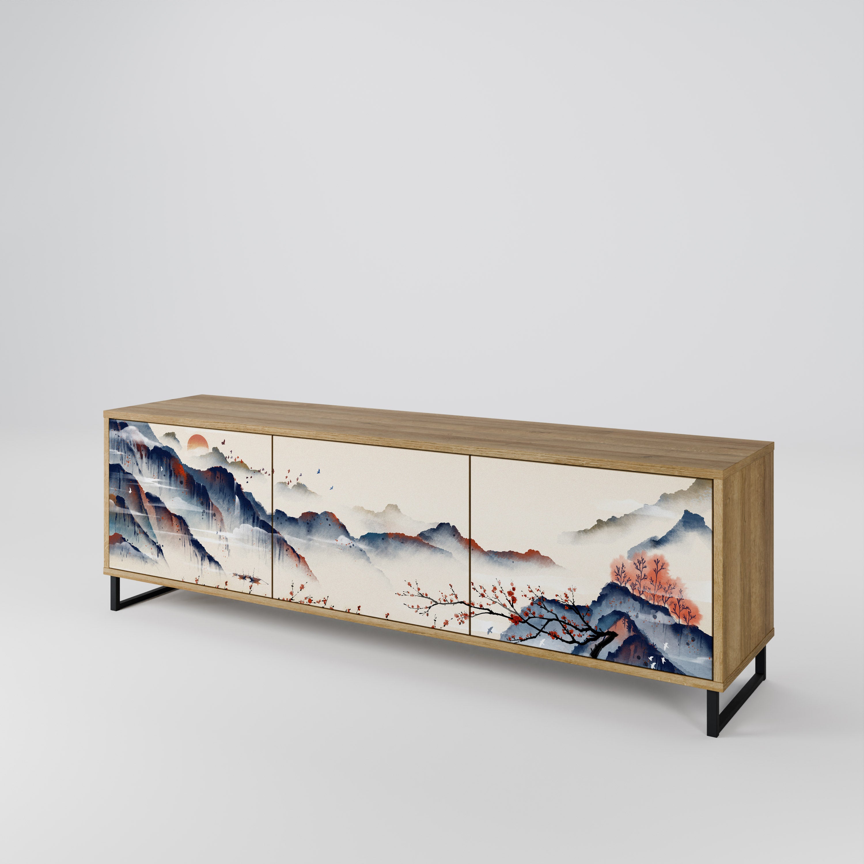 Τρίθυρη βάση τηλεόρασης JAPANESE LANDSCAPE σε εφέ δρυός