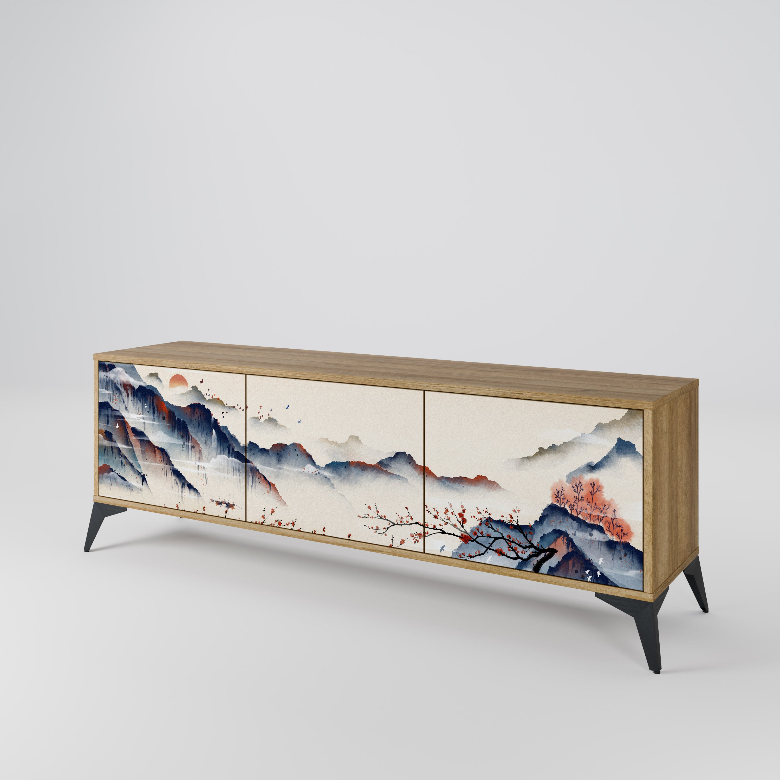 Τρίθυρη βάση τηλεόρασης JAPANESE LANDSCAPE σε εφέ δρυός