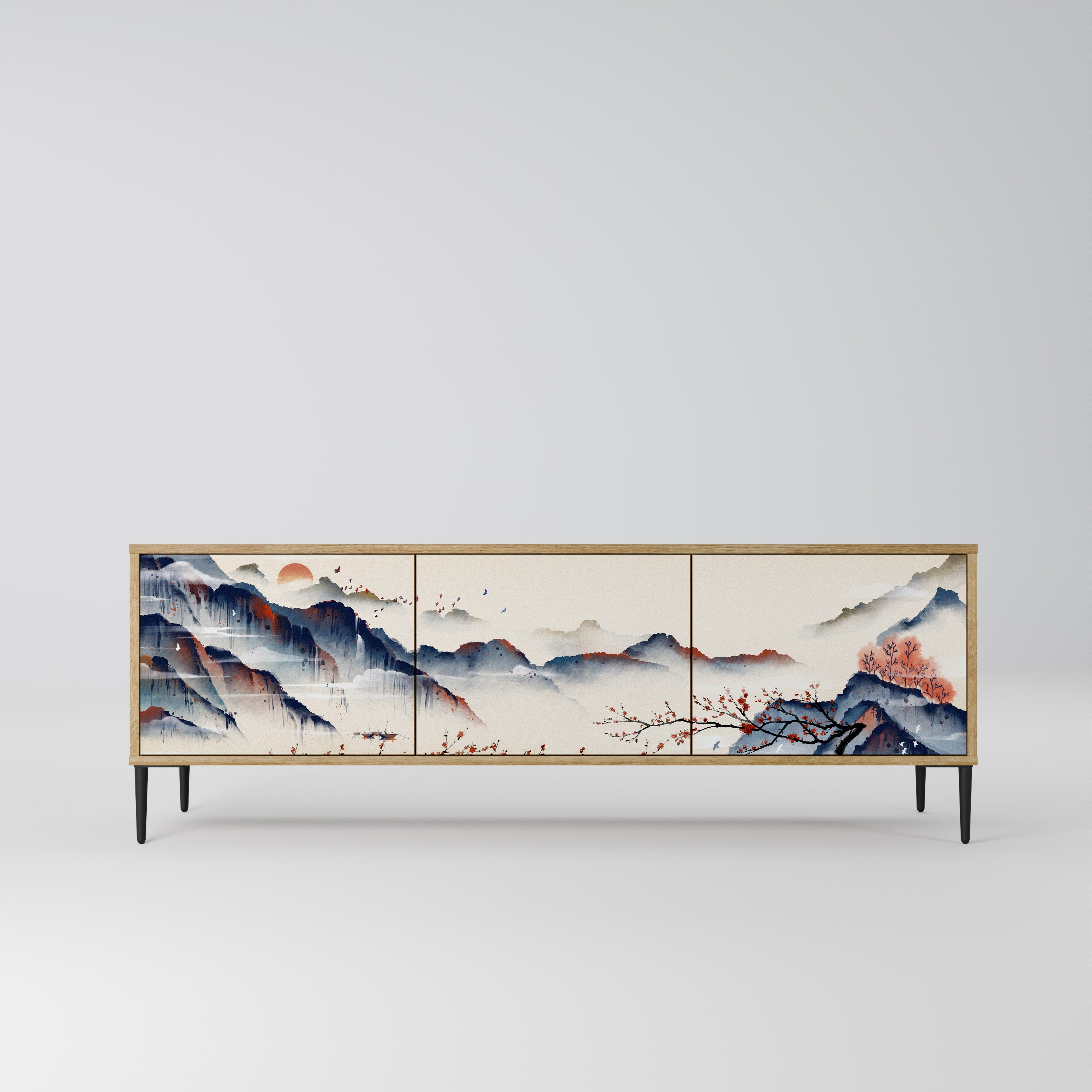 Τρίθυρη βάση τηλεόρασης JAPANESE LANDSCAPE σε εφέ δρυός