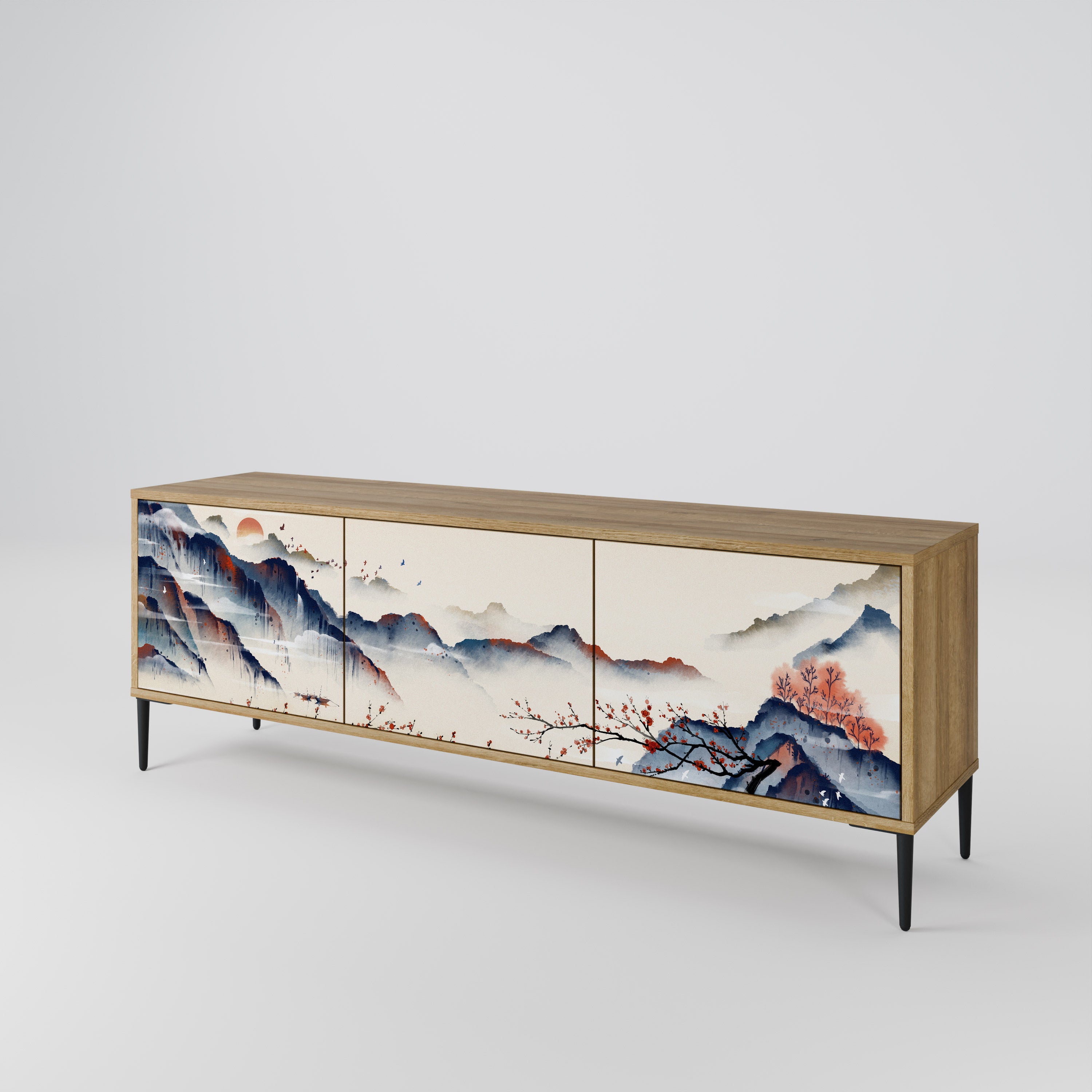 Τρίθυρη βάση τηλεόρασης JAPANESE LANDSCAPE σε εφέ δρυός