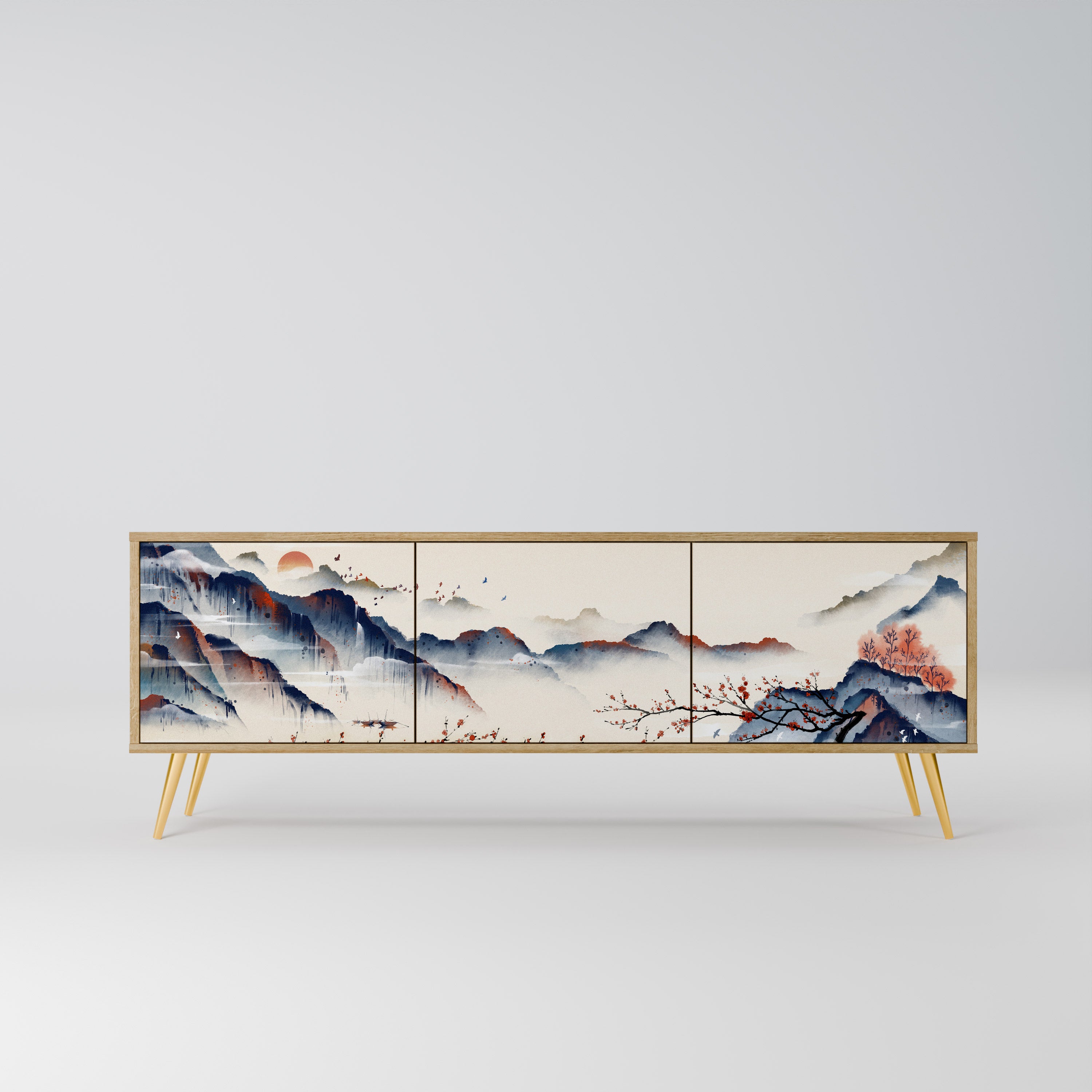 Τρίθυρη βάση τηλεόρασης JAPANESE LANDSCAPE σε εφέ δρυός