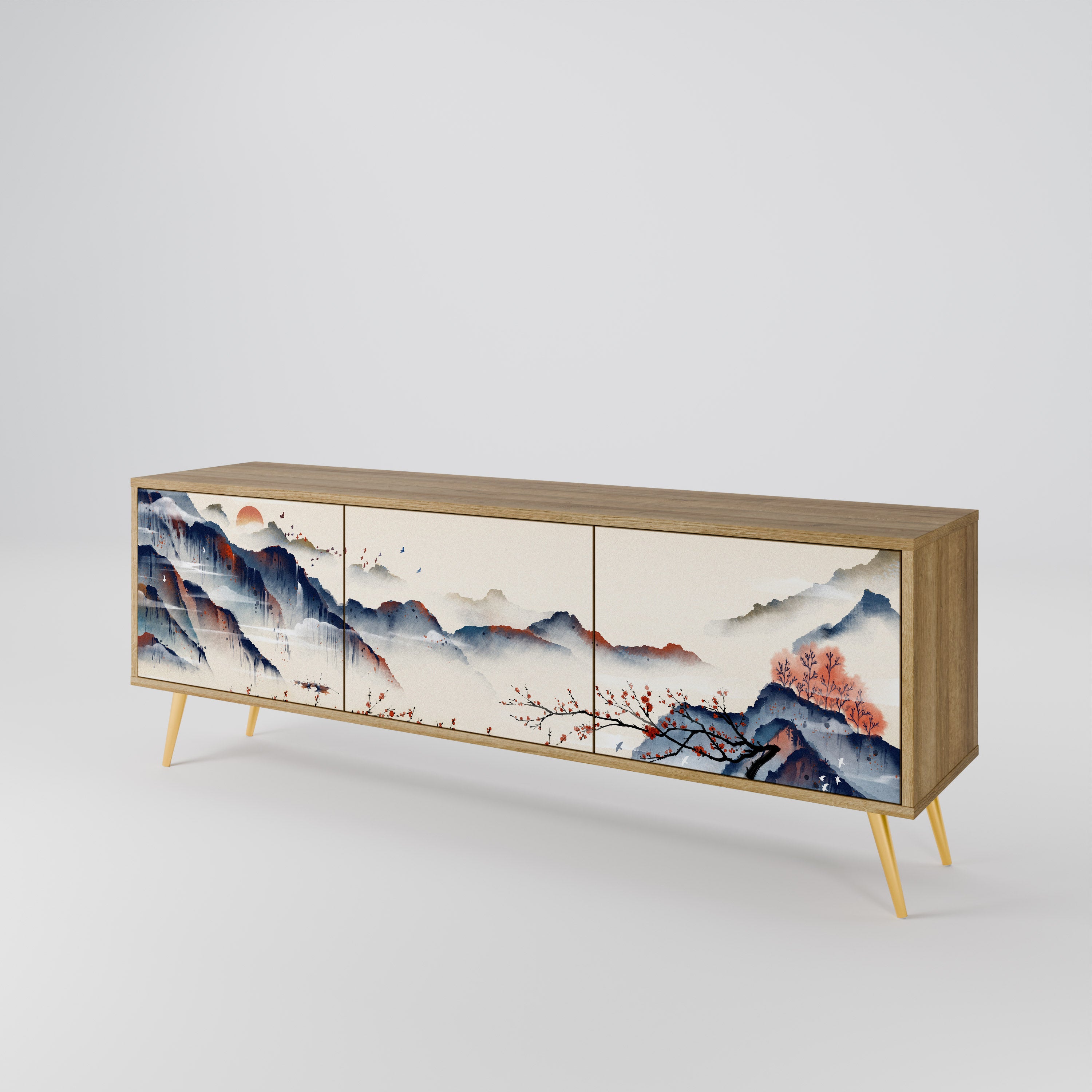 Τρίθυρη βάση τηλεόρασης JAPANESE LANDSCAPE σε εφέ δρυός