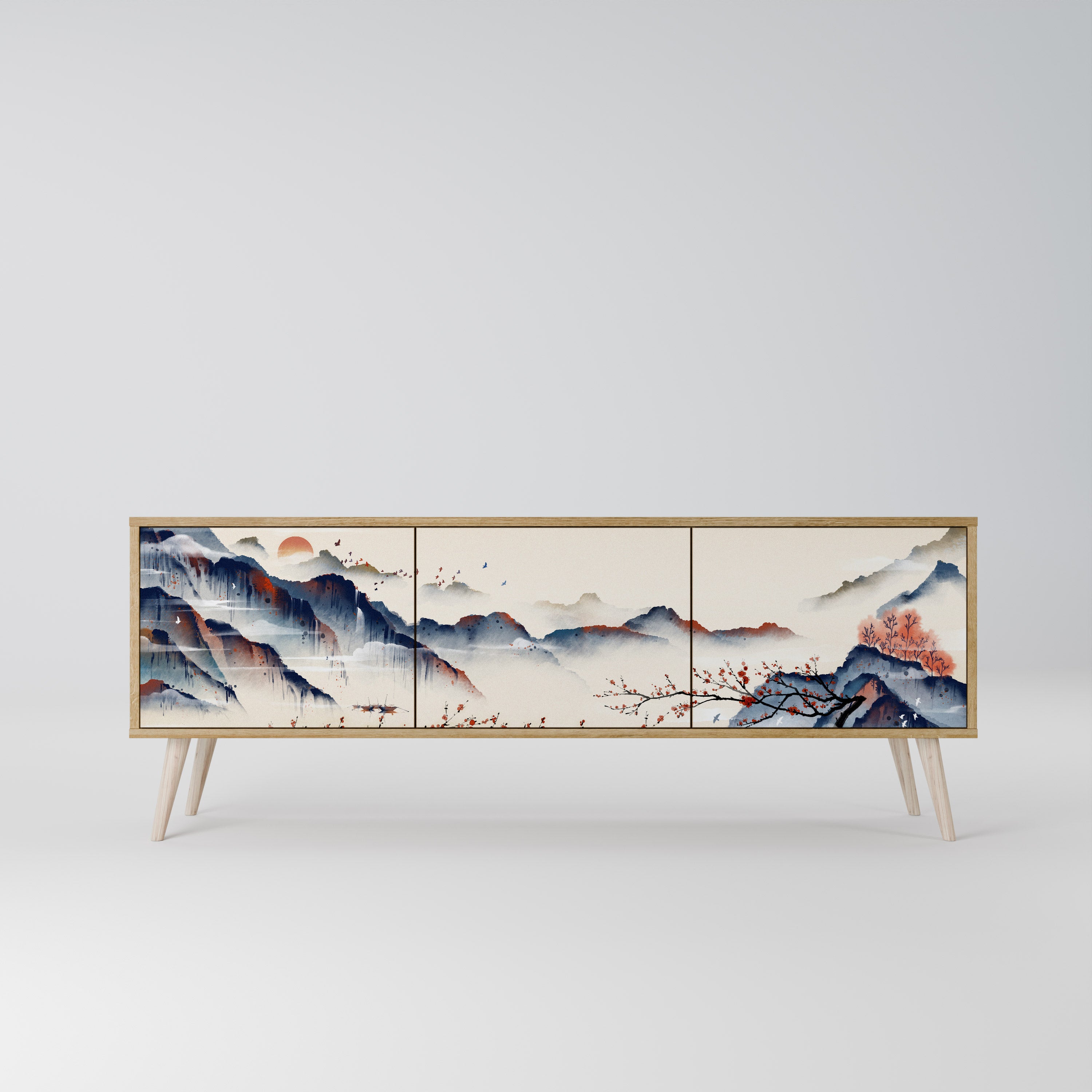 Τρίθυρη βάση τηλεόρασης JAPANESE LANDSCAPE σε εφέ δρυός