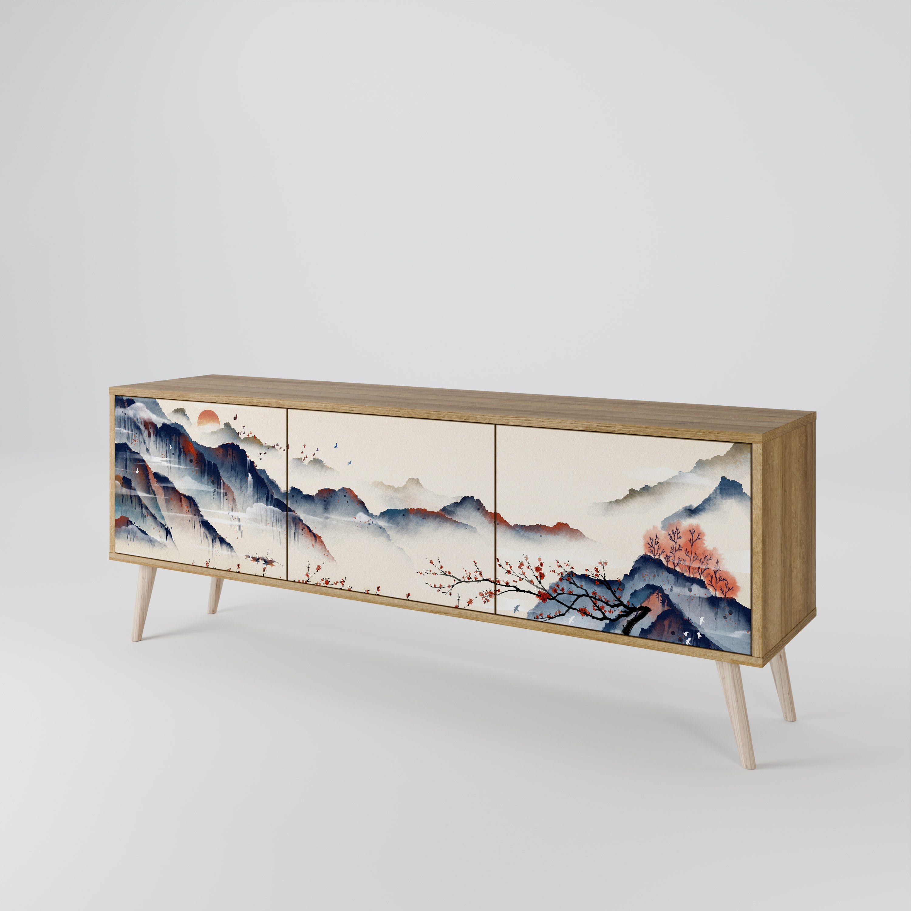 Τρίθυρη βάση τηλεόρασης JAPANESE LANDSCAPE σε εφέ δρυός