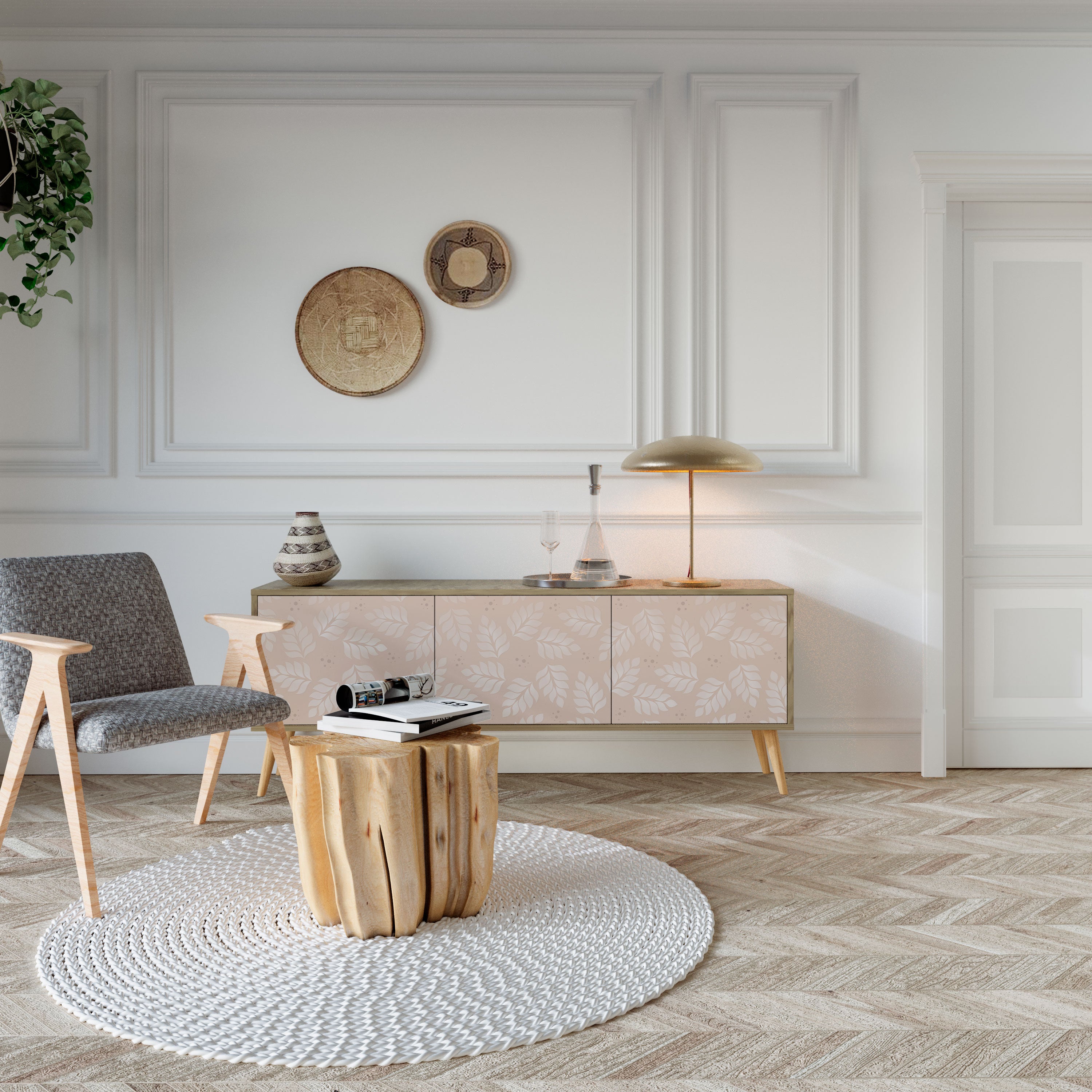 Βάση τηλεόρασης LEAVES ON BEIGE με 3 πόρτες σε εφέ δρυός