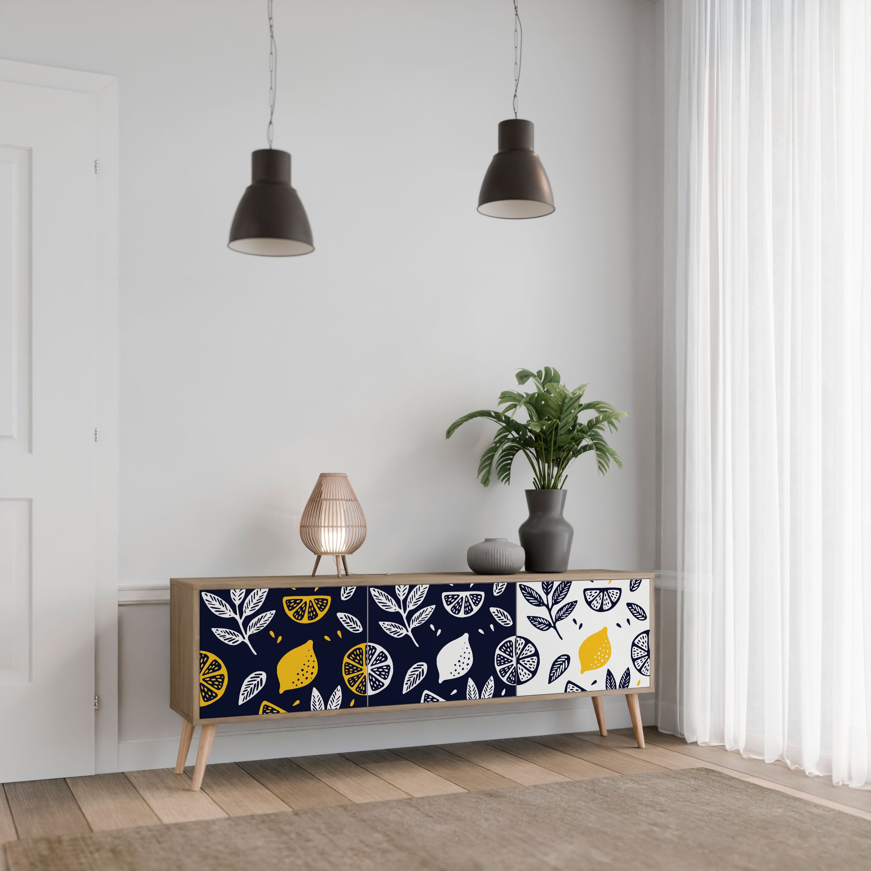 CITRUS BLACK AND WHITE Τρίθυρη βάση τηλεόρασης σε όψη δρυός