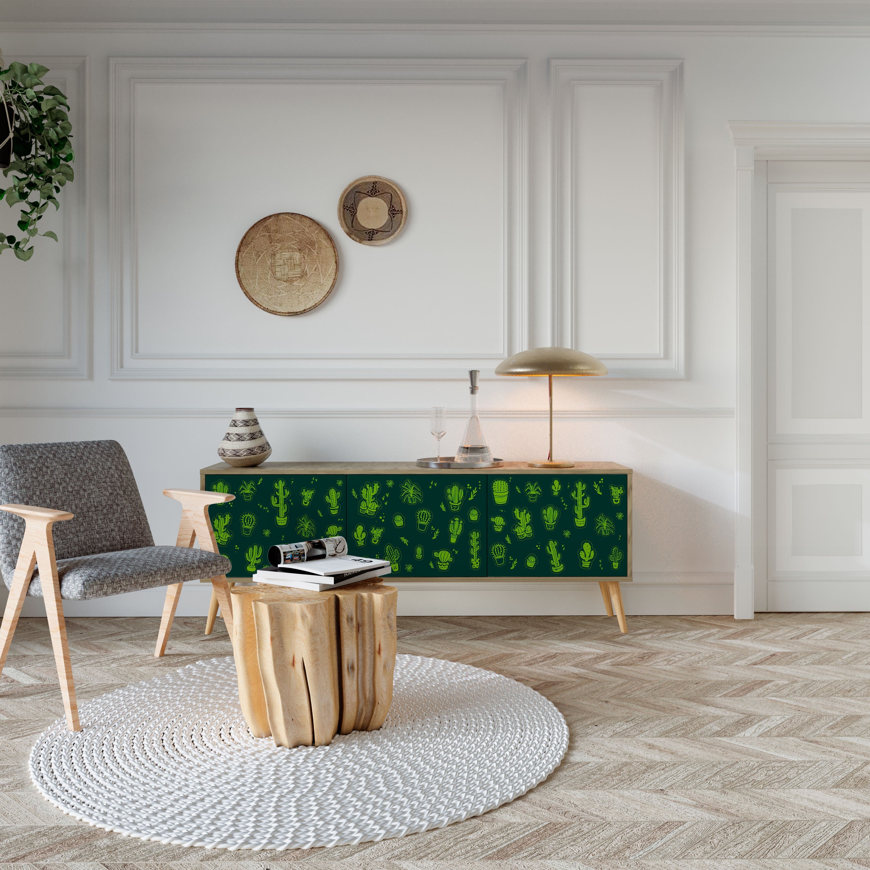 Βάση τηλεόρασης DESERT GREEN με 3 πόρτες σε χρώμα δρυός