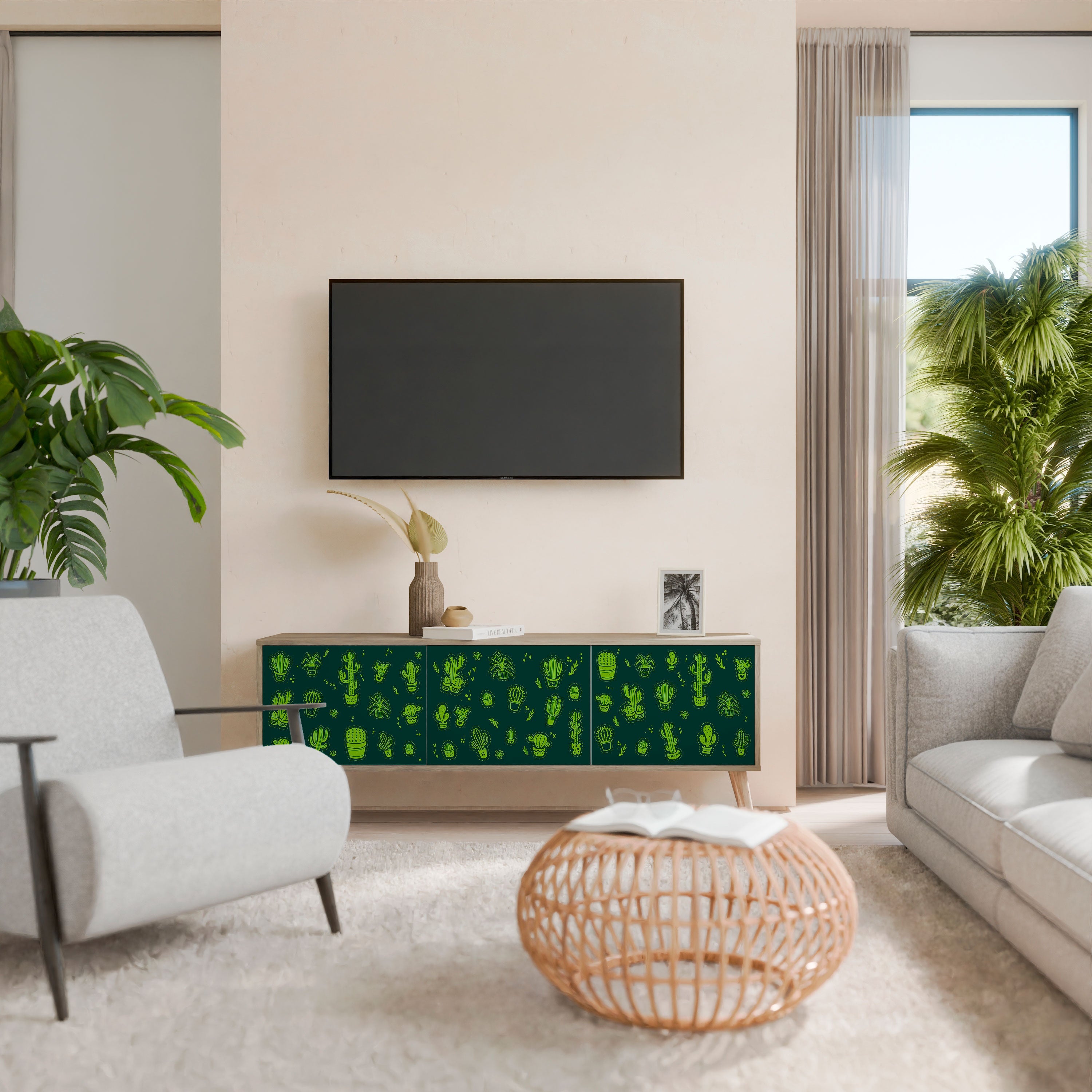 Βάση τηλεόρασης DESERT GREEN με 3 πόρτες σε χρώμα δρυός