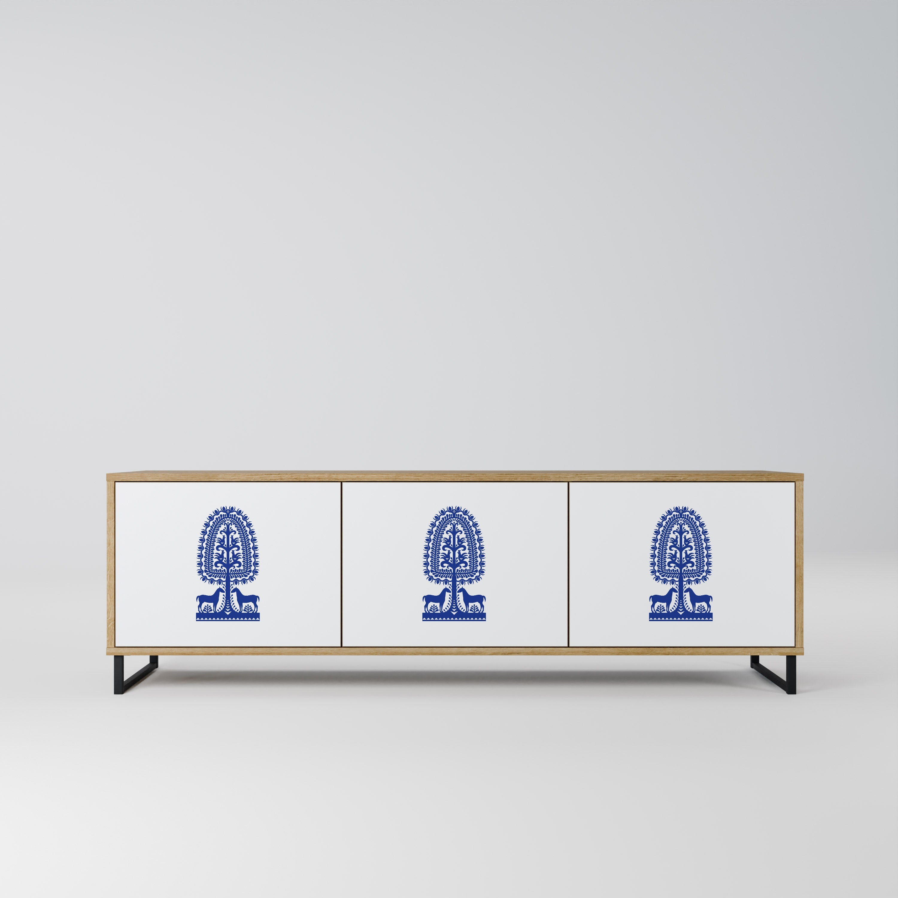 Τρίθυρη βάση τηλεόρασης POLISH FOLK ART σε στιλ δρυός