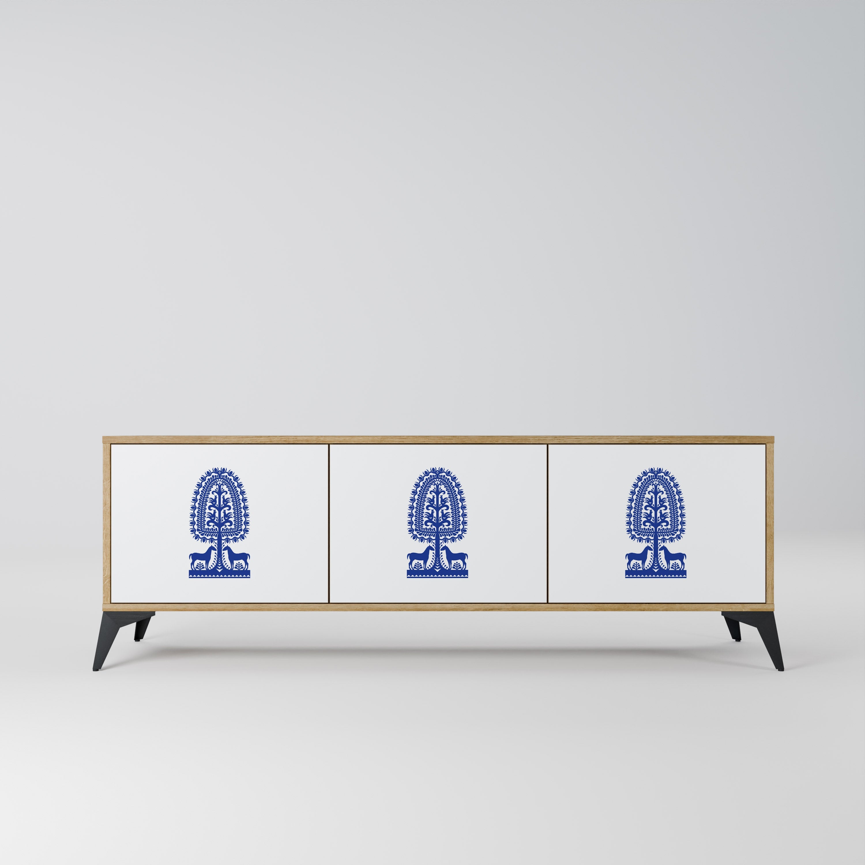 Τρίθυρη βάση τηλεόρασης POLISH FOLK ART σε στιλ δρυός