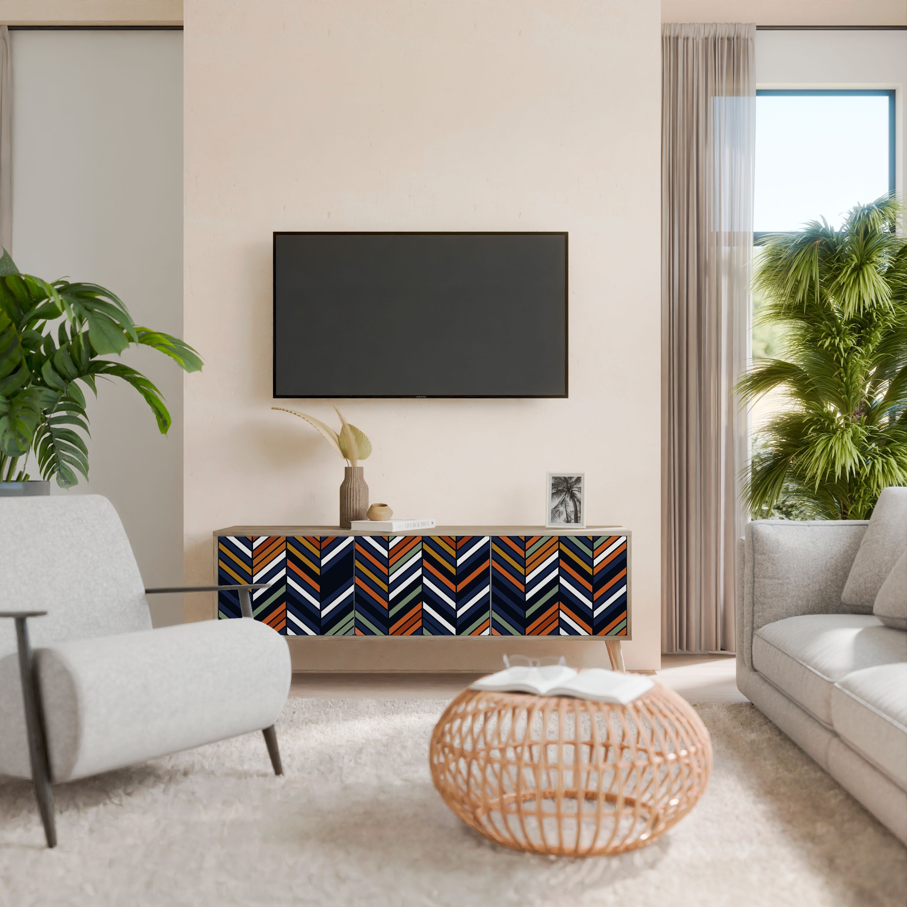 Βάση τηλεόρασης VIBRANT PATCHWORK με 3 πόρτες σε εφέ δρυός
