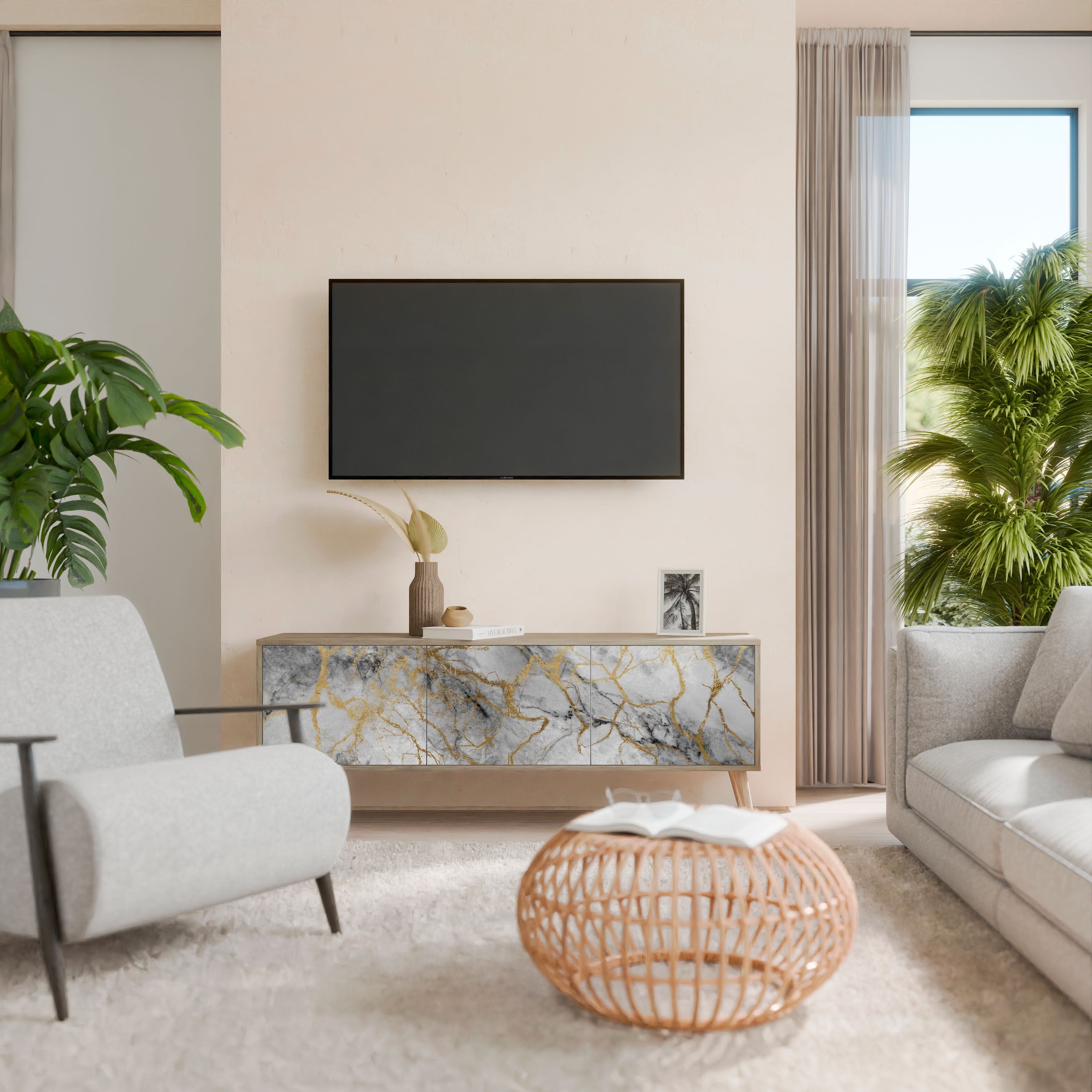 Βάση τηλεόρασης TIMELESS GLIDE με 3 πόρτες σε εφέ δρυός