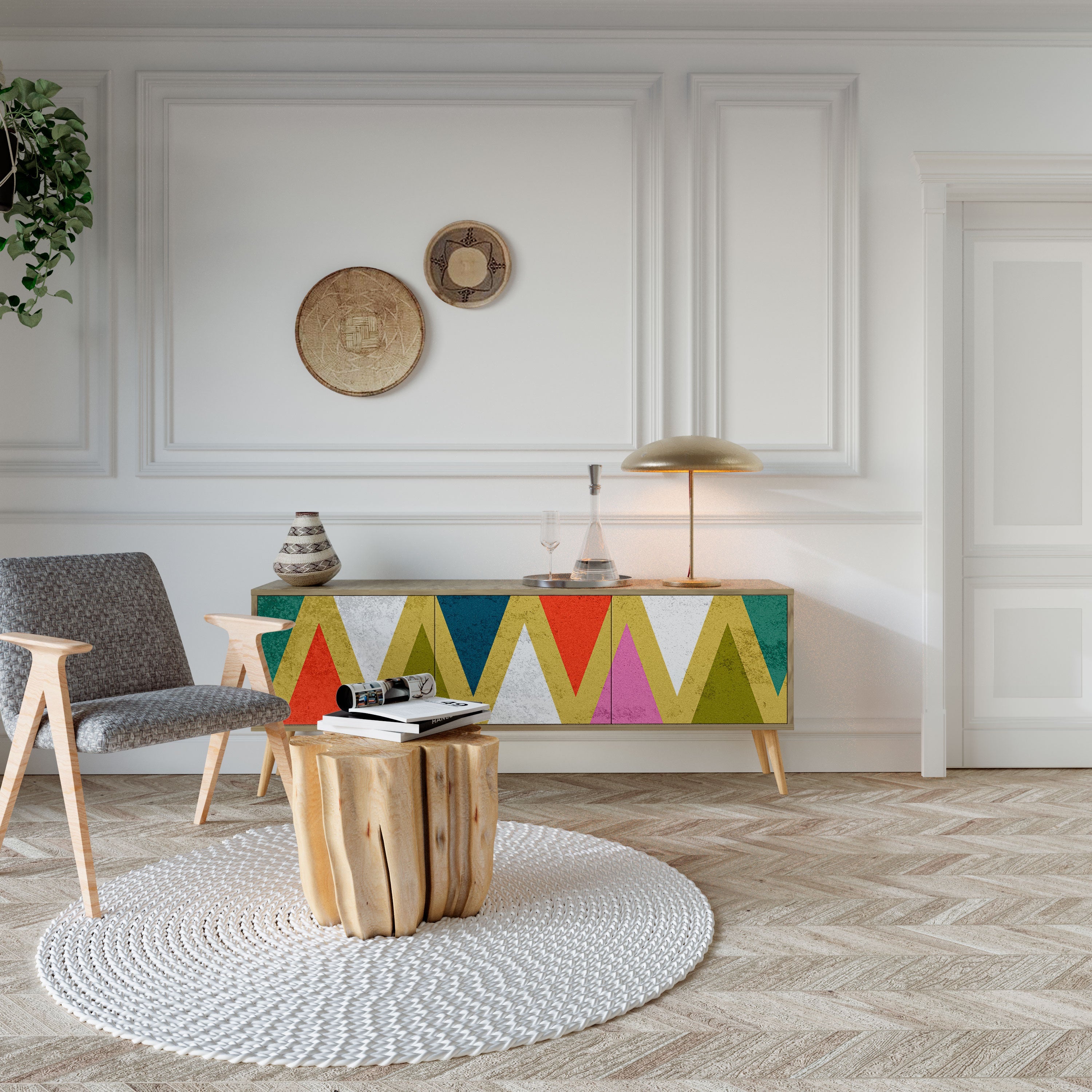 Βάση τηλεόρασης 3 θυρών COLORFUL TRIANGLES σε εφέ δρυός