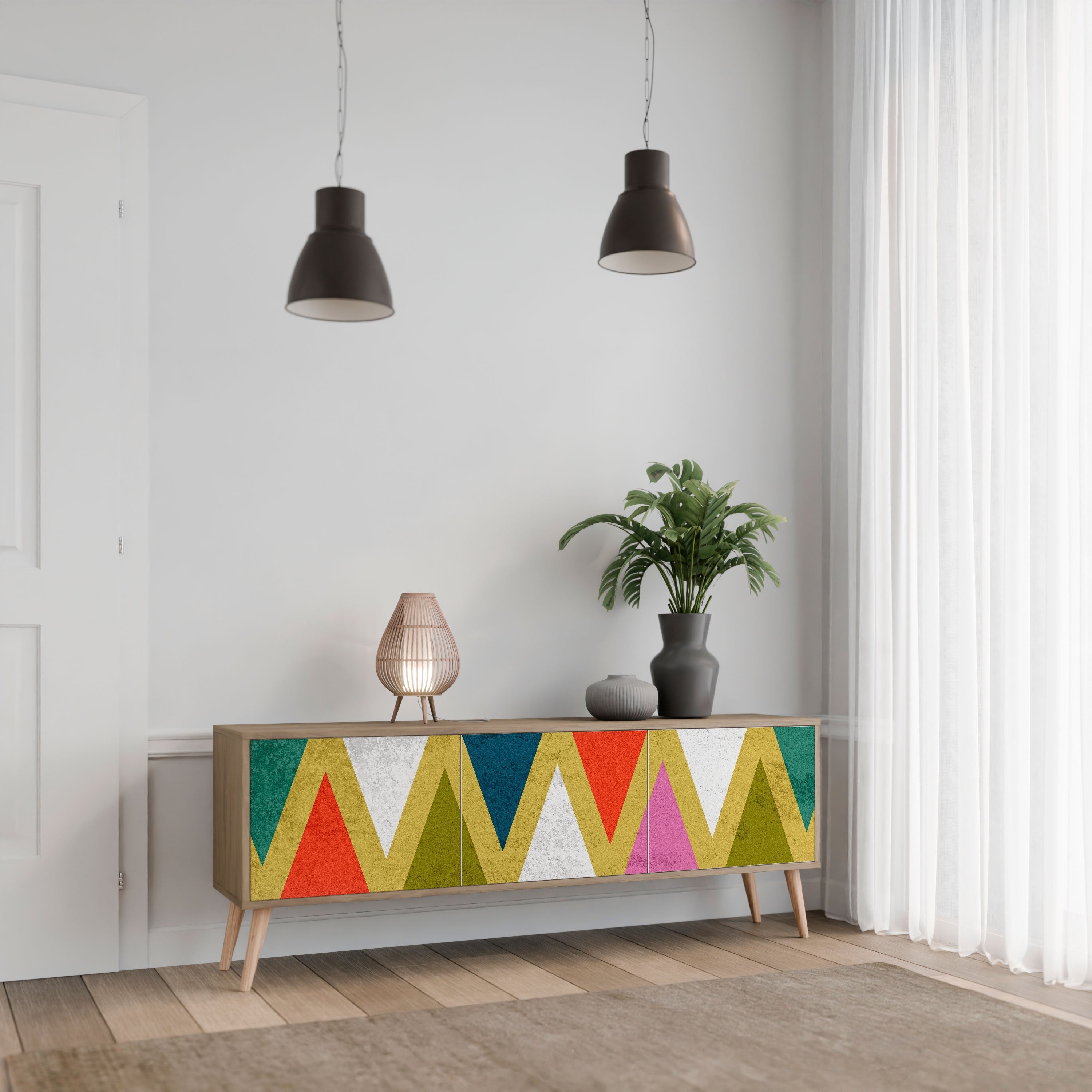 Βάση τηλεόρασης 3 θυρών COLORFUL TRIANGLES σε εφέ δρυός