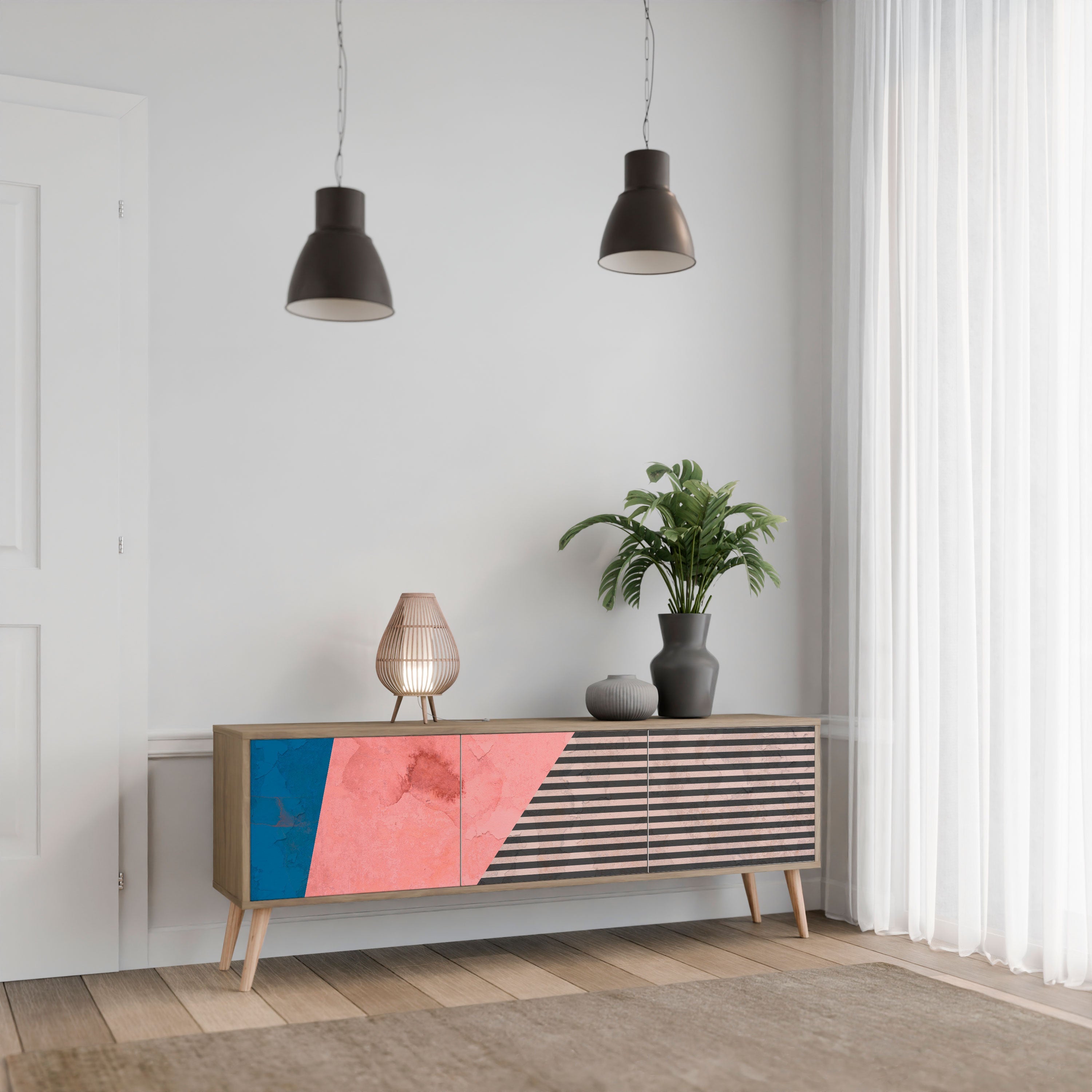 Βάση τηλεόρασης GLAMOROUS STRIPE με 3 πόρτες σε χρώμα δρυός