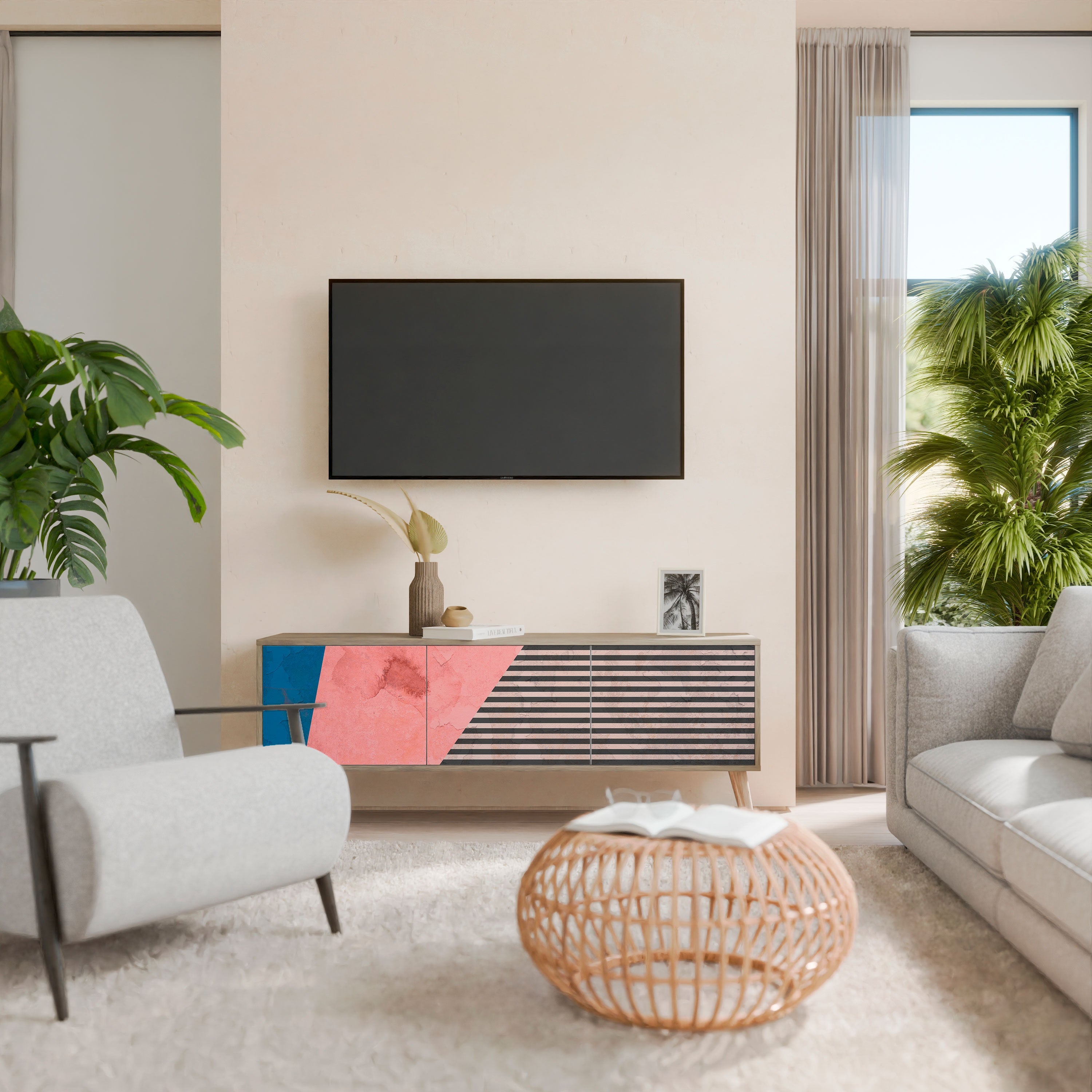 Βάση τηλεόρασης GLAMOROUS STRIPE με 3 πόρτες σε χρώμα δρυός