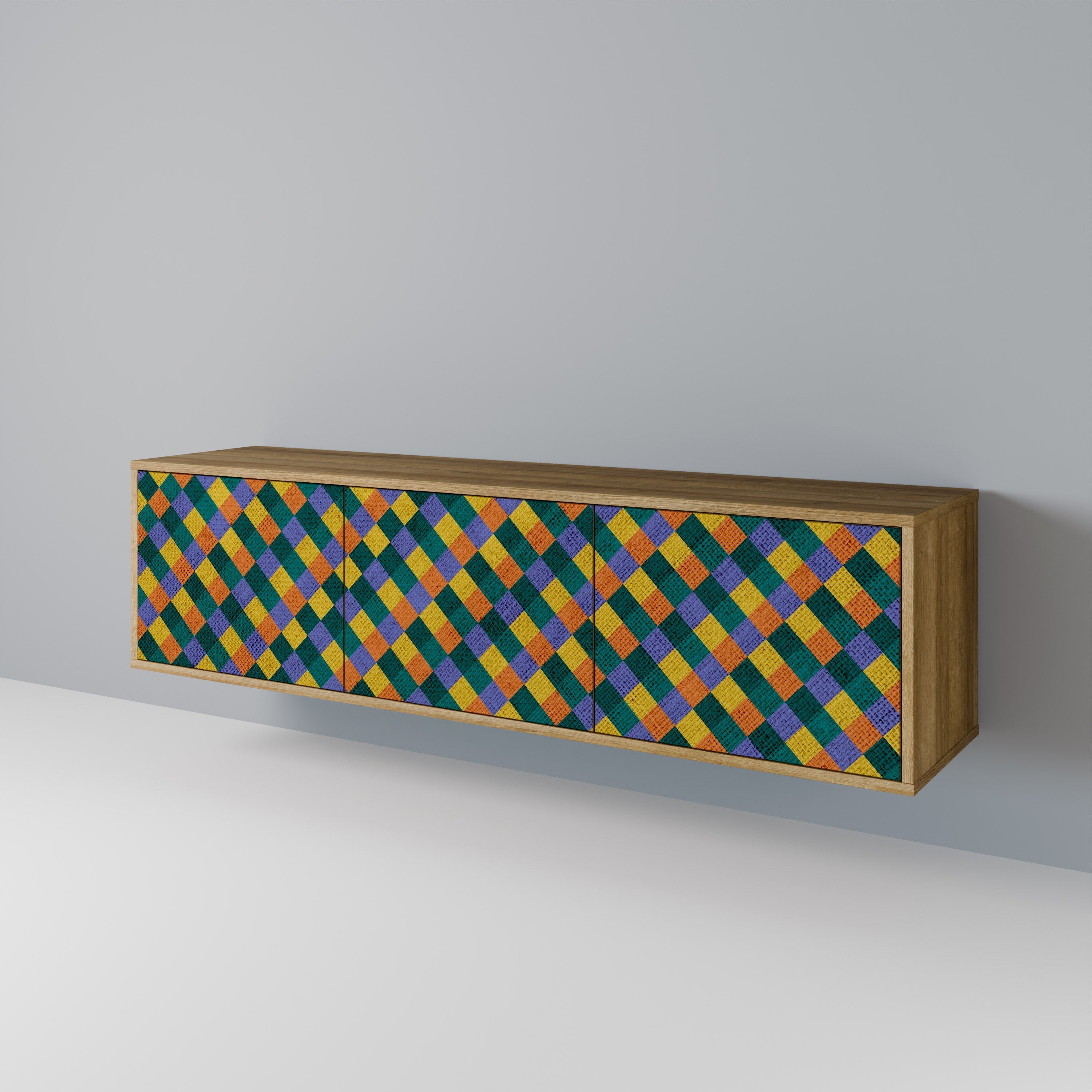 Βάση τηλεόρασης PAINTED SQUARES MIX με 3 πόρτες σε εφέ δρυός