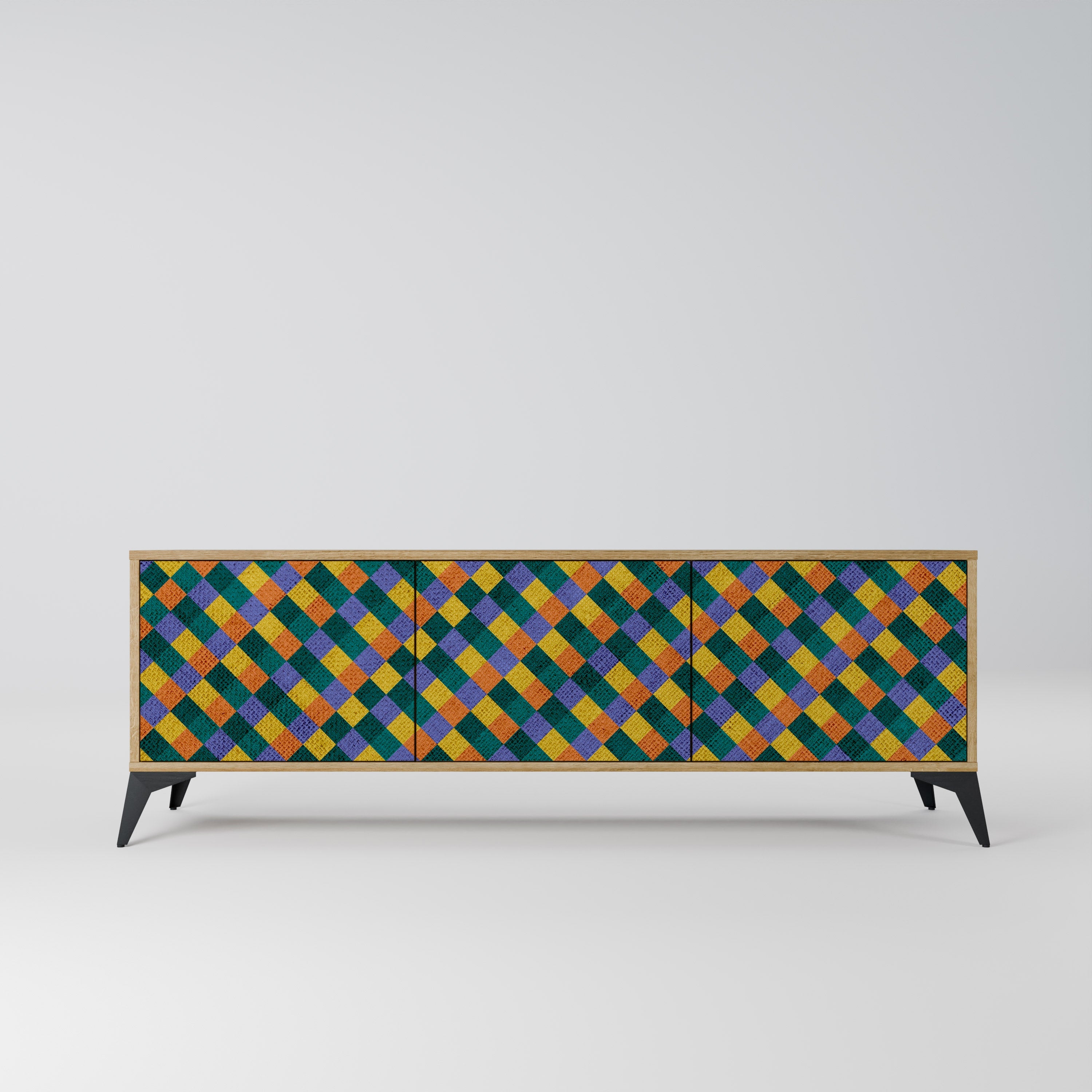 Βάση τηλεόρασης PAINTED SQUARES MIX με 3 πόρτες σε εφέ δρυός