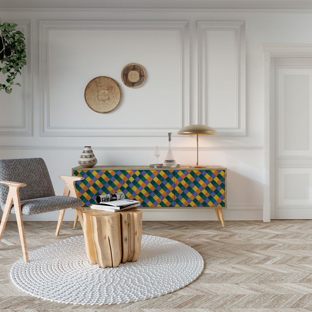 Βάση τηλεόρασης PAINTED SQUARES MIX με 3 πόρτες σε εφέ δρυός
